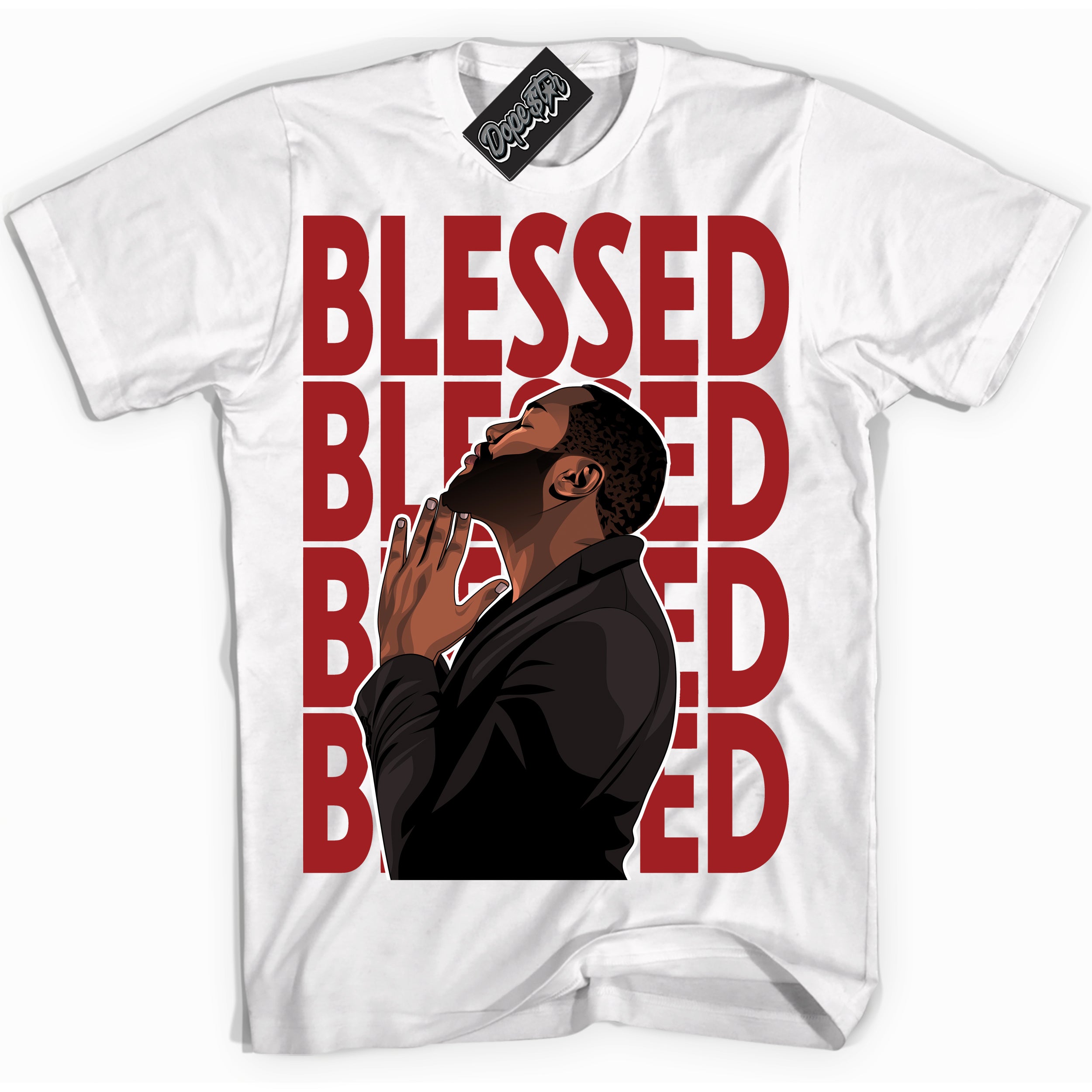 Cool White graphic tee with “ God Blessed ” print, that perfectly matches Lost And Found 1s sneakers 