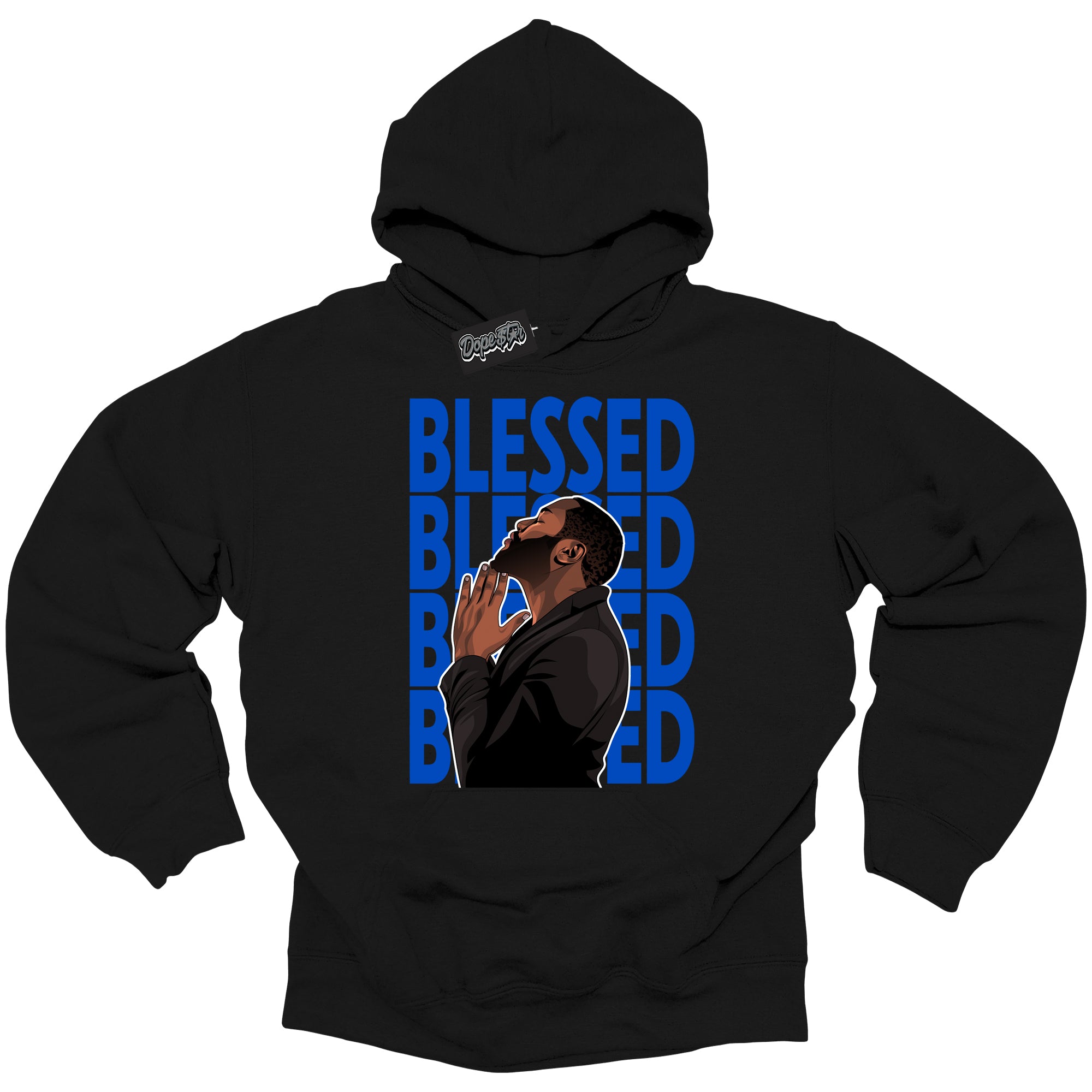 Cool Black Hoodie with “ God Blessed ”  design that Perfectly Matches  Royal Reimagined 1s Sneakers.