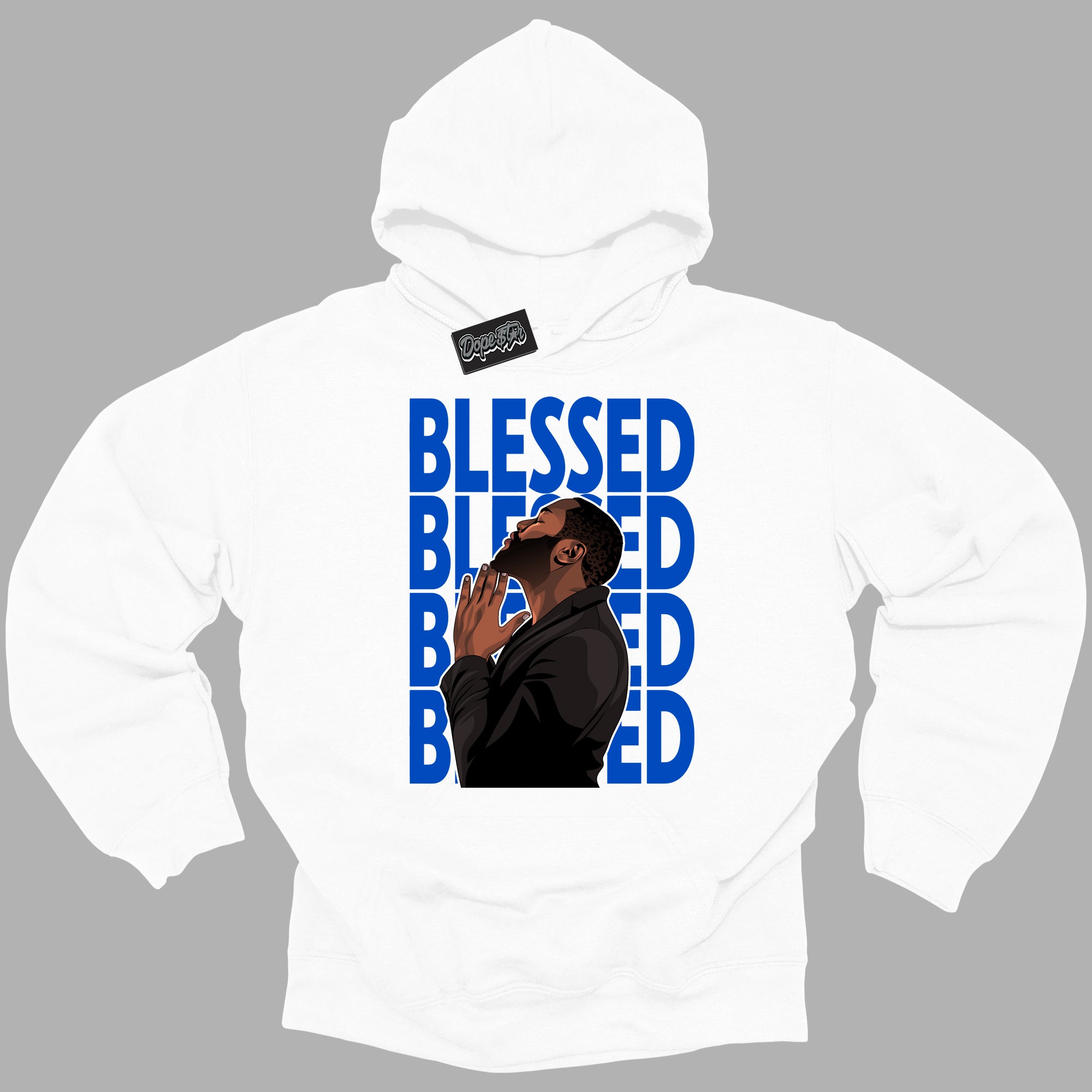 Cool White Hoodie with “ God Blessed ”  design that Perfectly Matches Royal Reimagined 1s Sneakers.