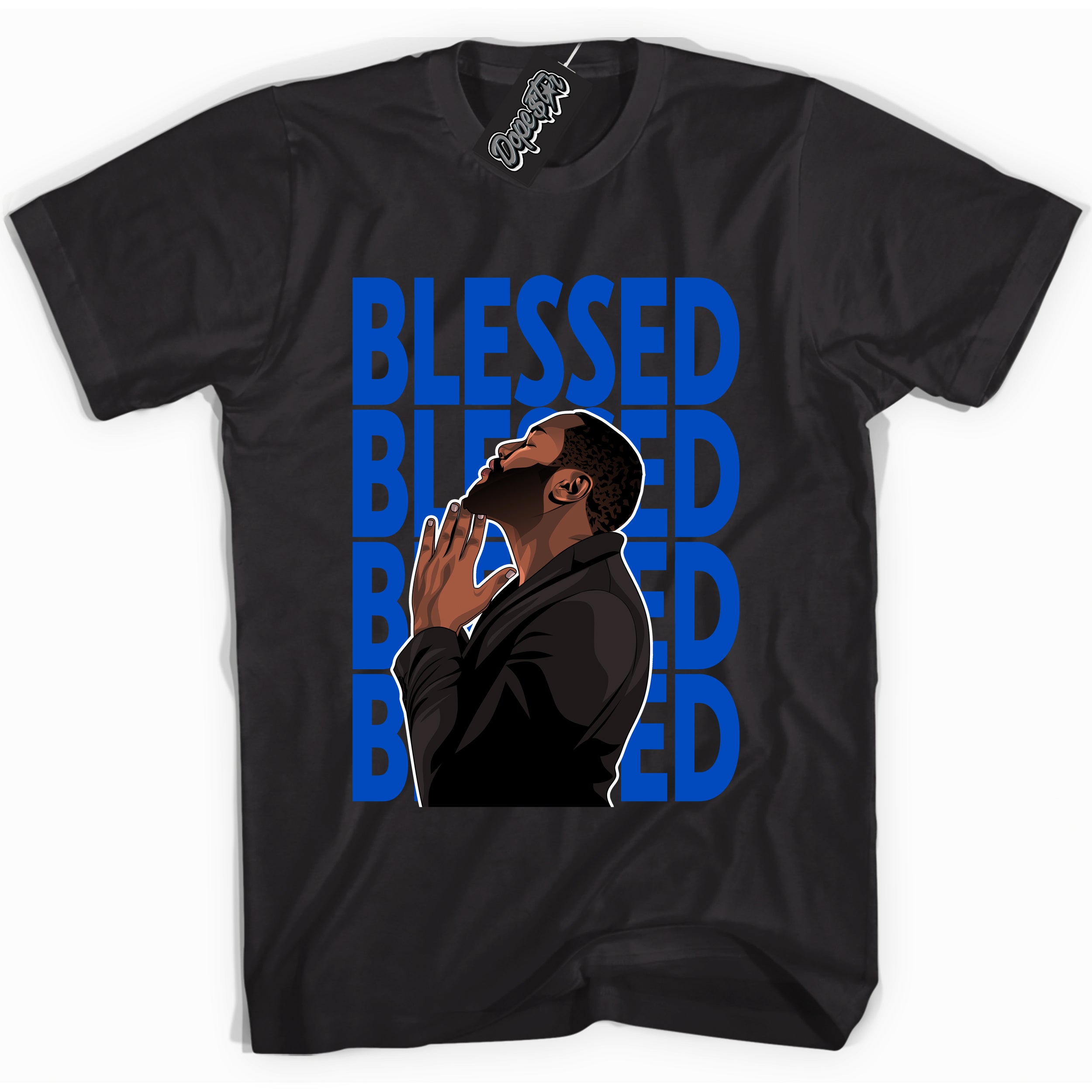 Cool Black graphic tee with God Blessed print, that perfectly matches OG Royal Reimagined 1s sneakers 