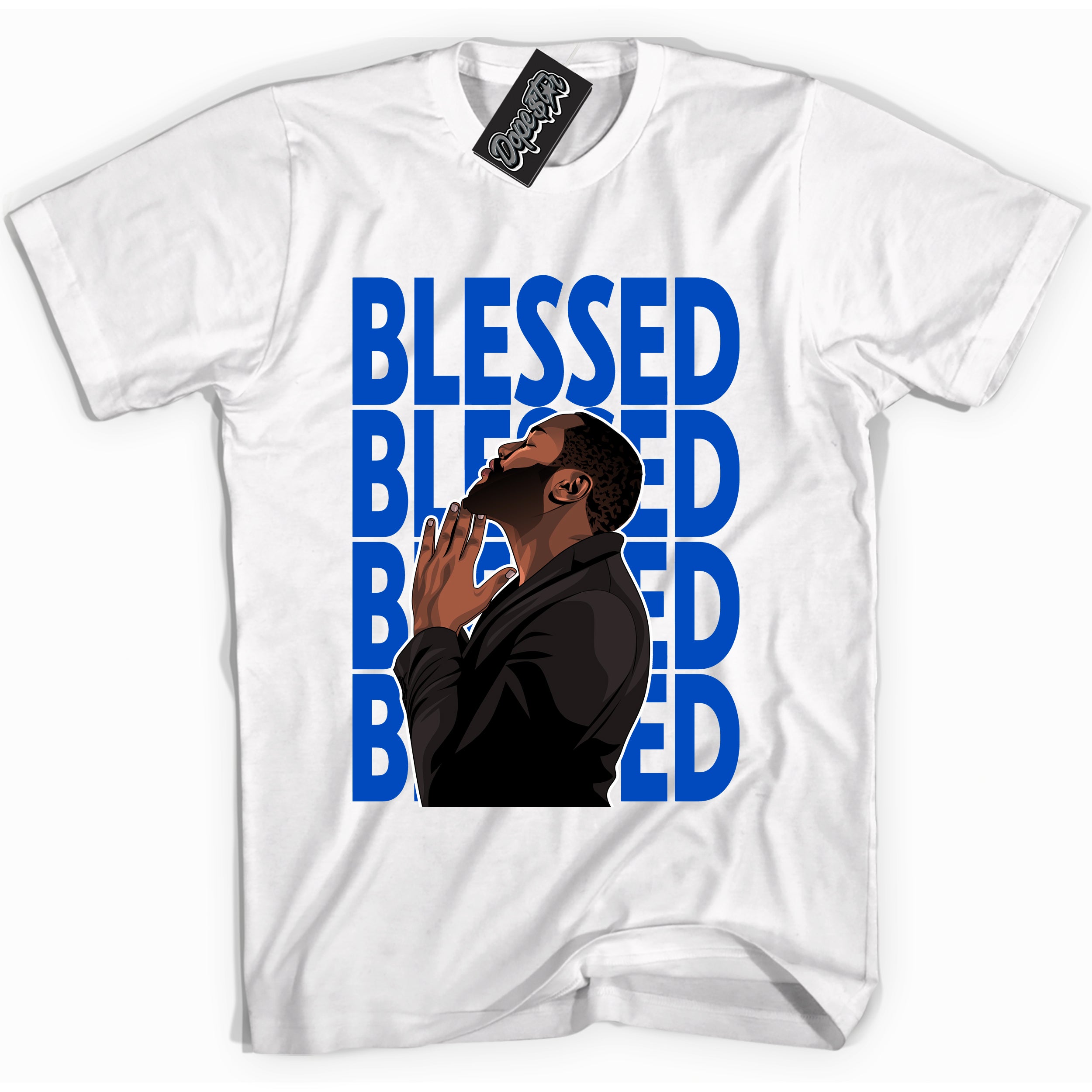 Cool White graphic tee with God Blessed print, that perfectly matches OG Royal Reimagined 1s sneakers 