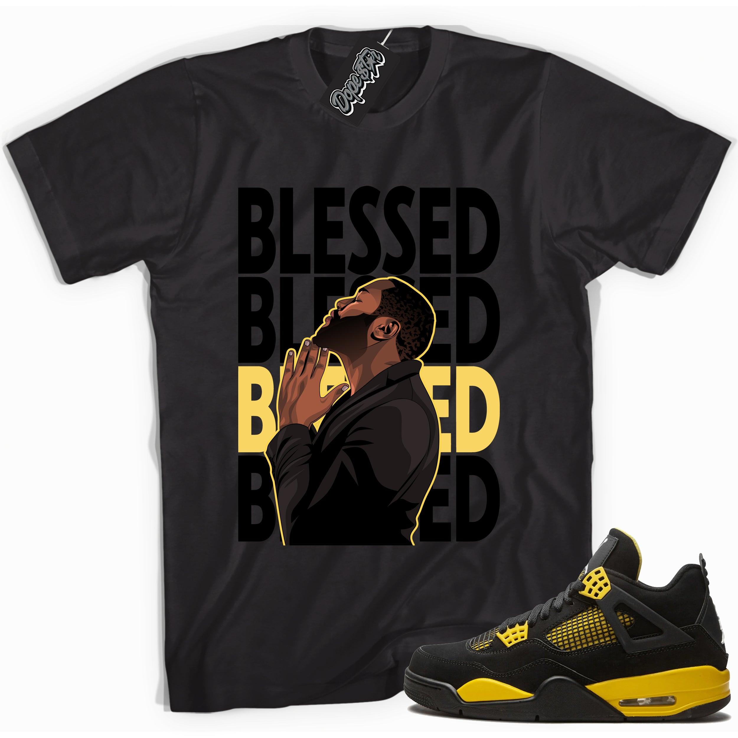 Cool black graphic tee with 'blessed king' print, that perfectly matches  Air Jordan 4 Thunder sneakers