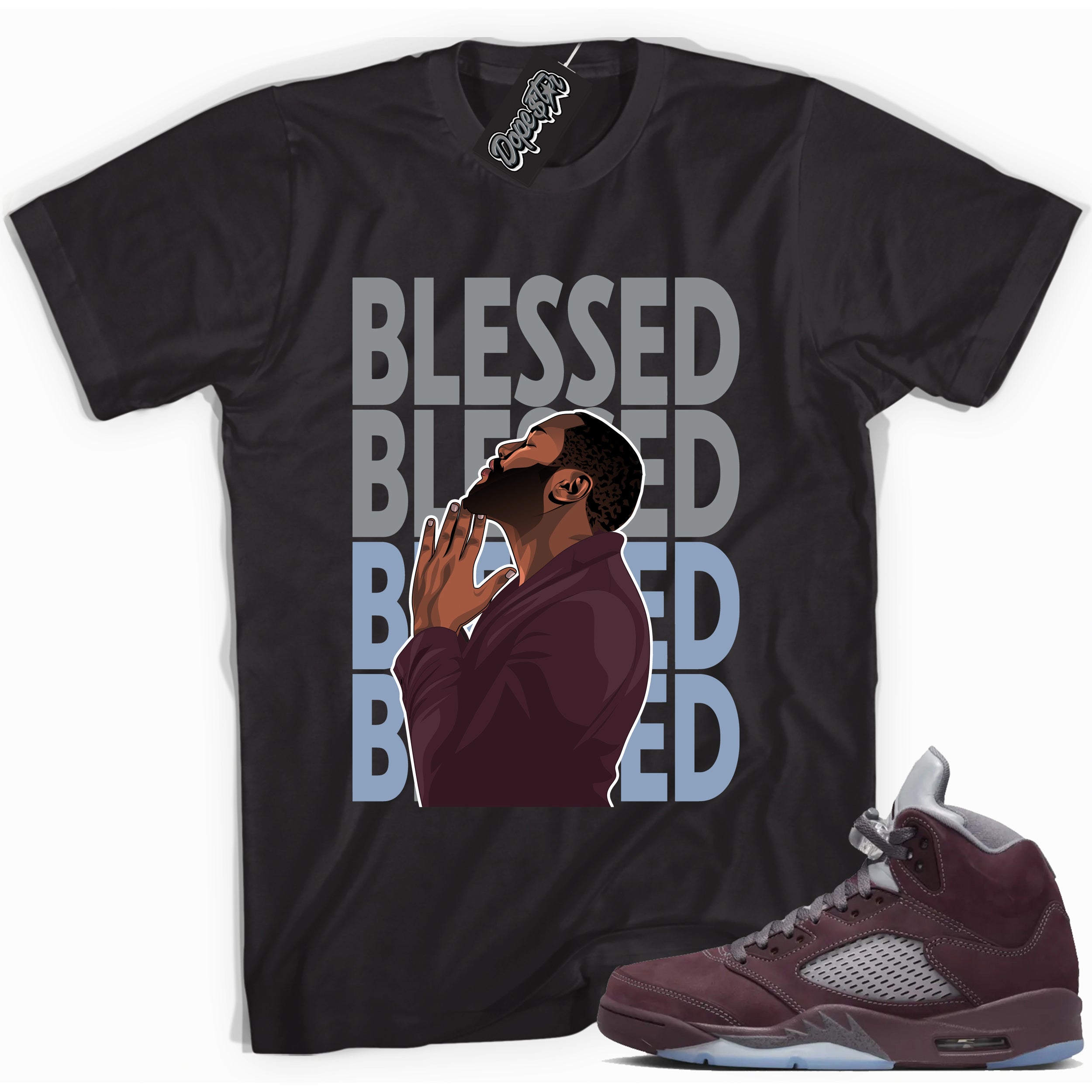 Cool Black graphic tee with “  God Blessed ” print, that perfectly matches Air Jordan 5 Burgundy 2023 sneakers 