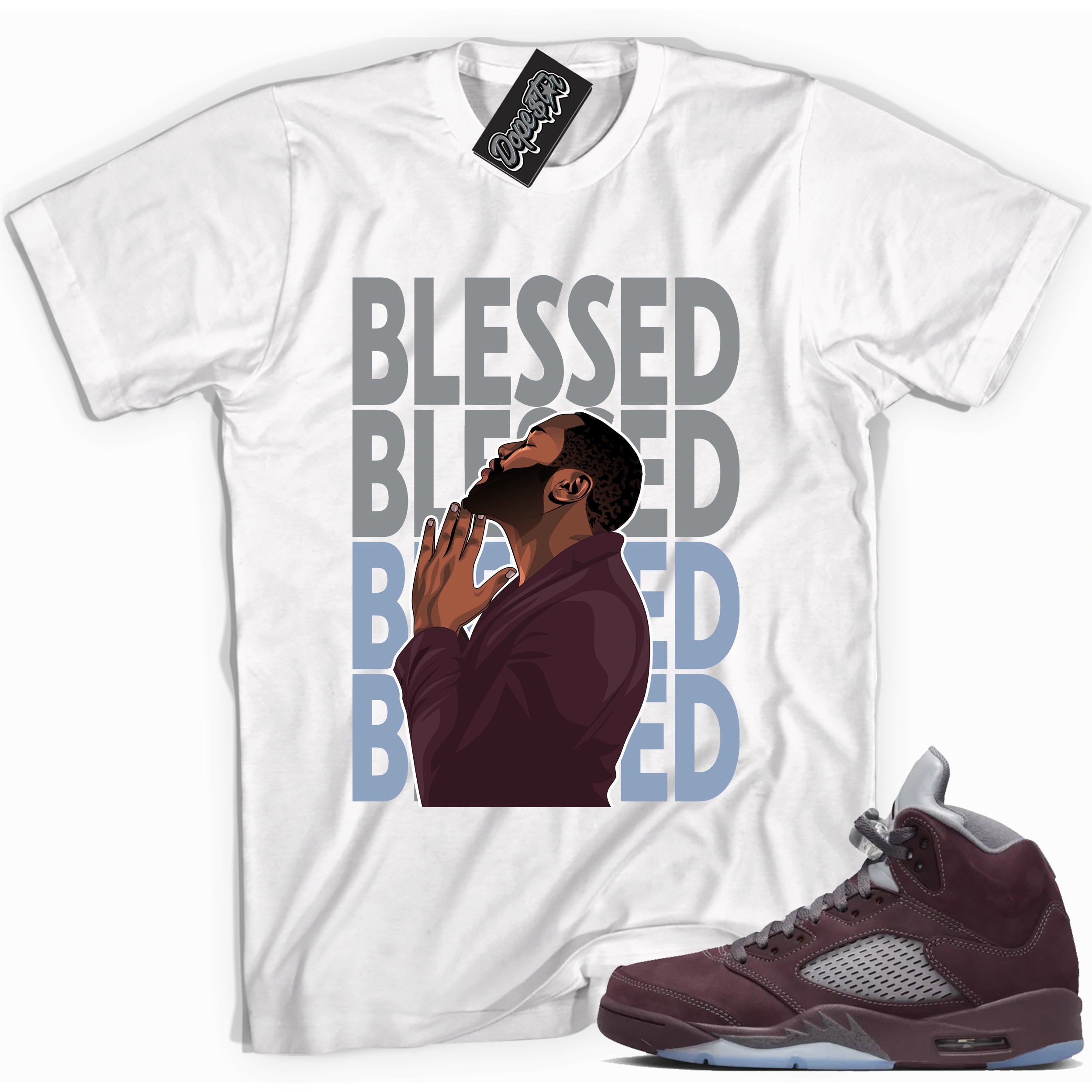 Cool White graphic tee with “  God Blessed ” print, that perfectly matches Air Jordan 5 Burgundy 2023 sneakers 