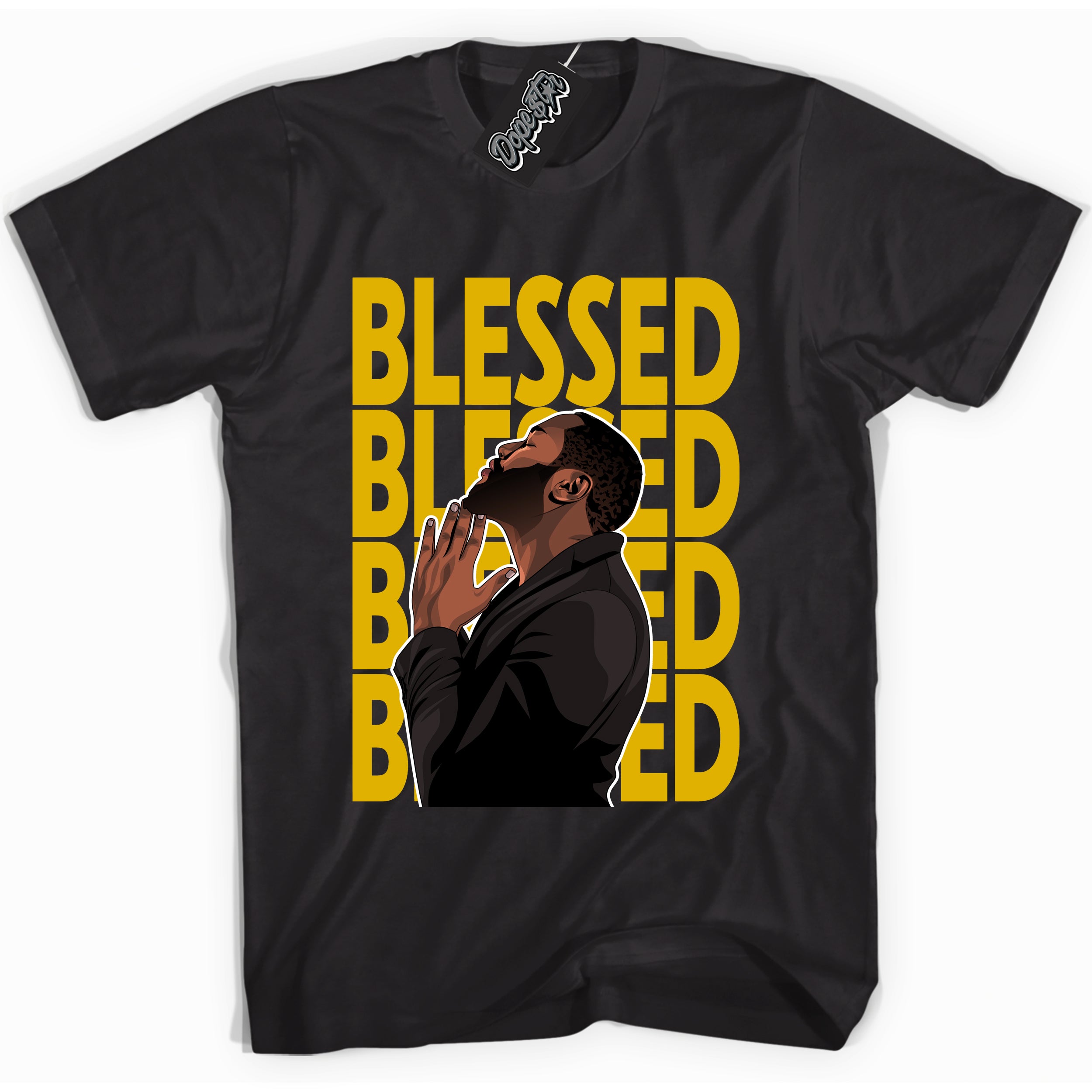 Cool Black Shirt With God Blessed design That Perfectly Matches YELLOW OCHRE 6s Sneakers.