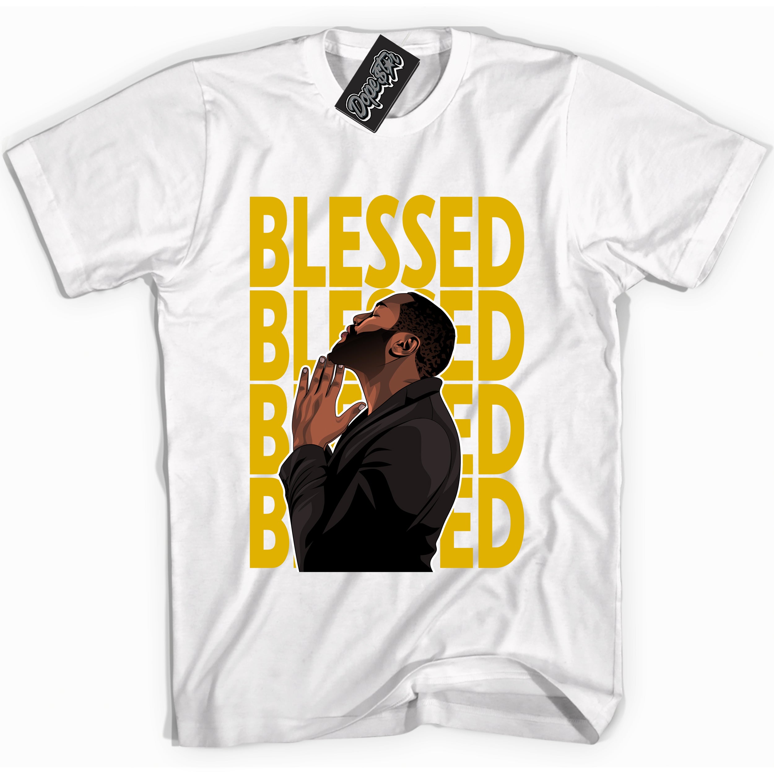 Cool White Shirt With God Blessed  design That Perfectly Matches YELLOW OCHRE 6s Sneakers.