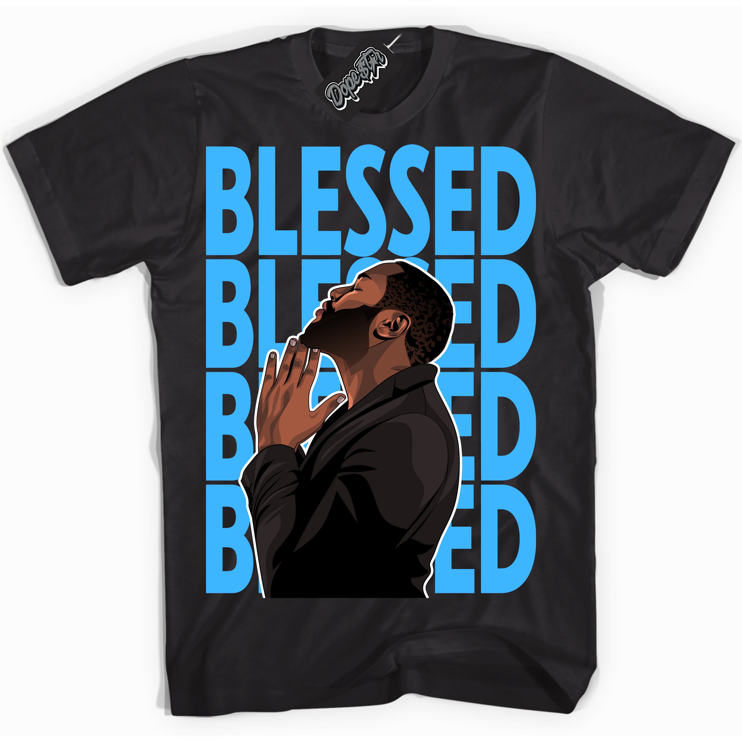 Cool Black graphic tee with “ God Blessed ” design, that perfectly matches Powder Blue 9s sneakers 