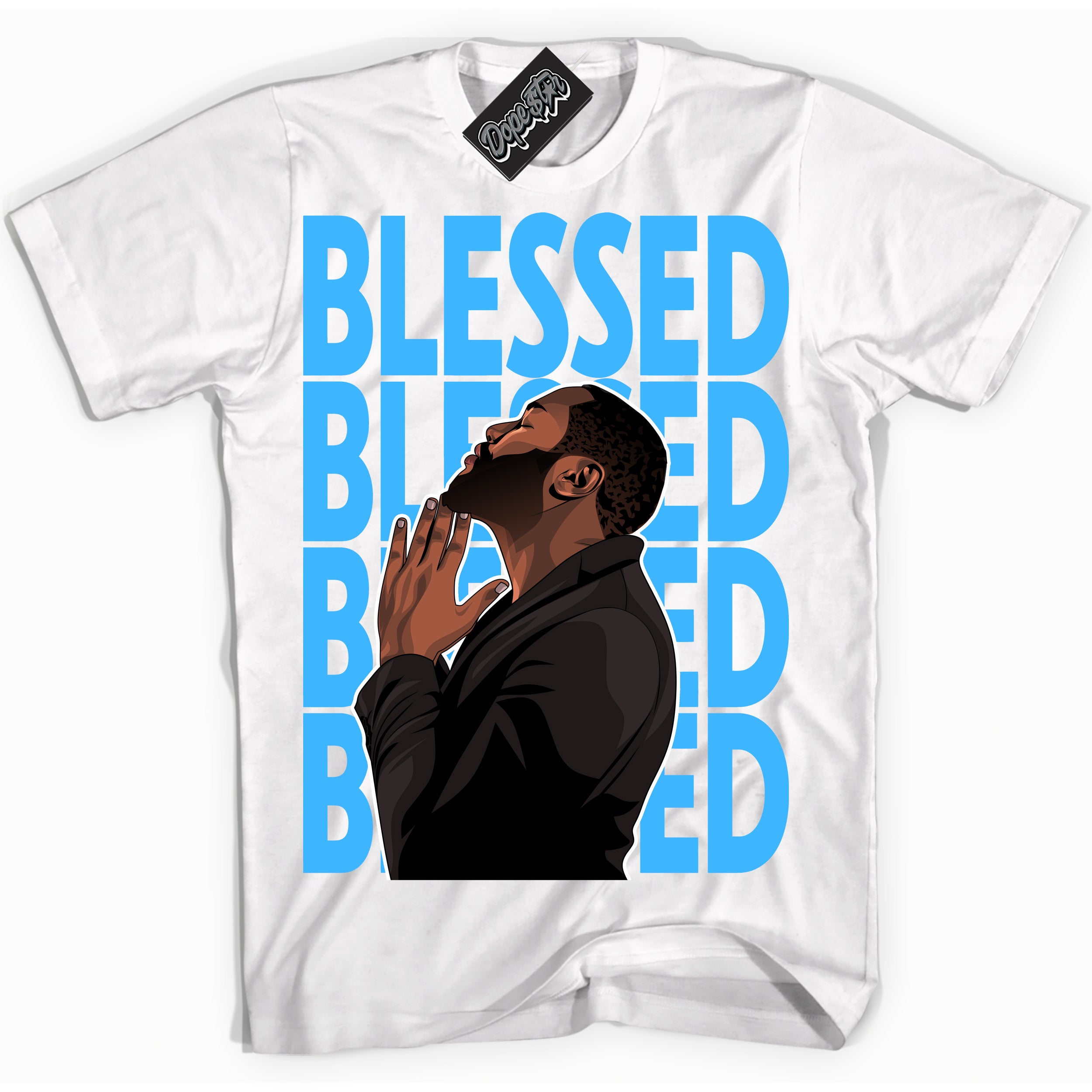 Cool White graphic tee with “ God Blessed ” design, that perfectly matches Powder Blue 9s sneakers 