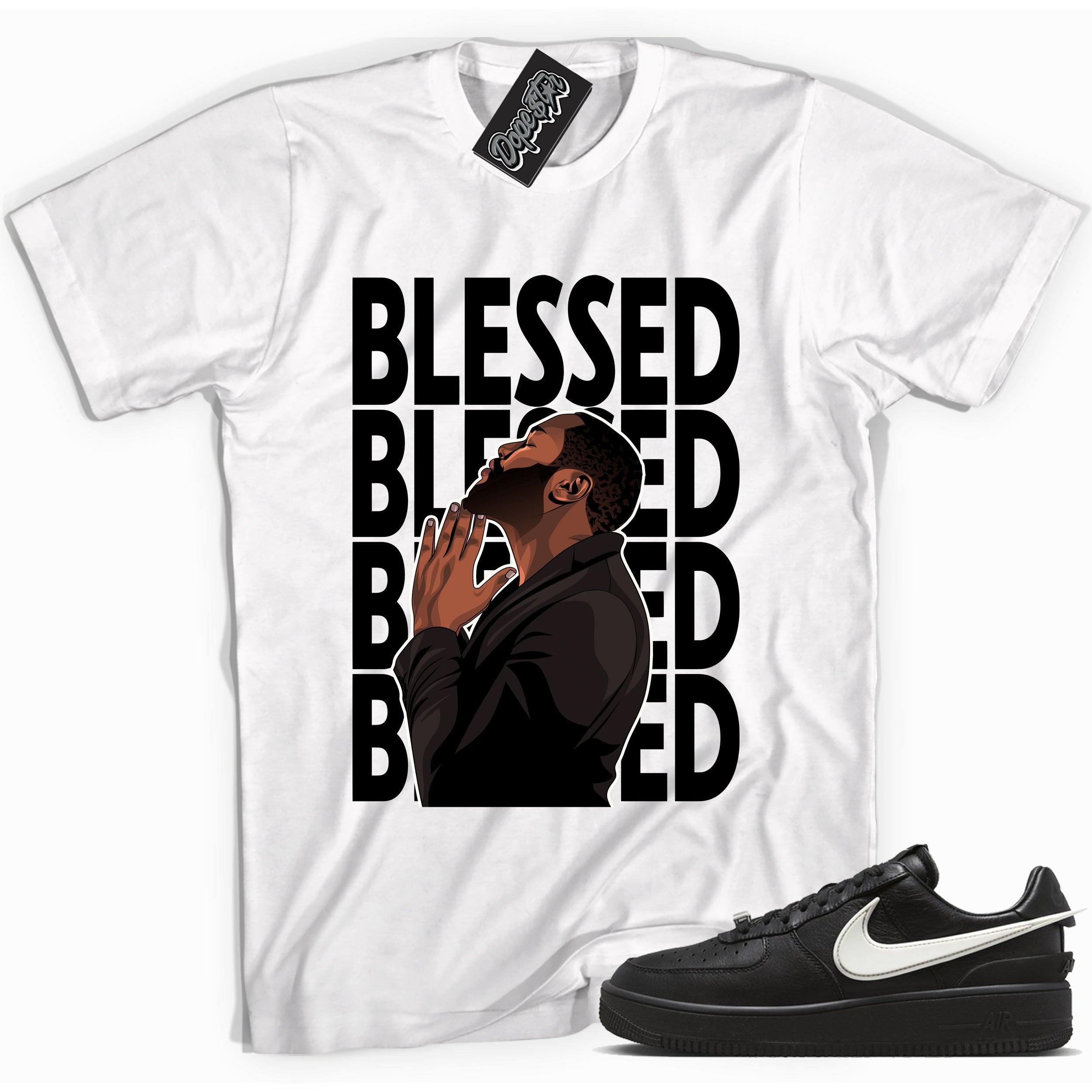 Cool white graphic tee with 'god blessed' print, that perfectly matches Nike Air Force 1 Low SP Ambush Phantom sneakers.