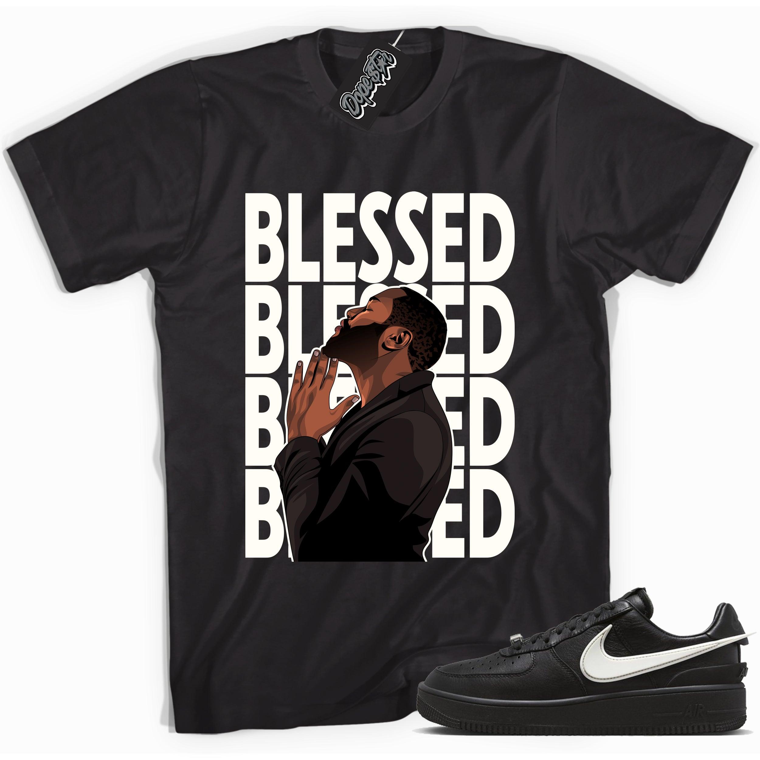 Cool black graphic tee with 'god blessed' print, that perfectly matches Nike Air Force 1 Low SP Ambush Phantom sneakers.