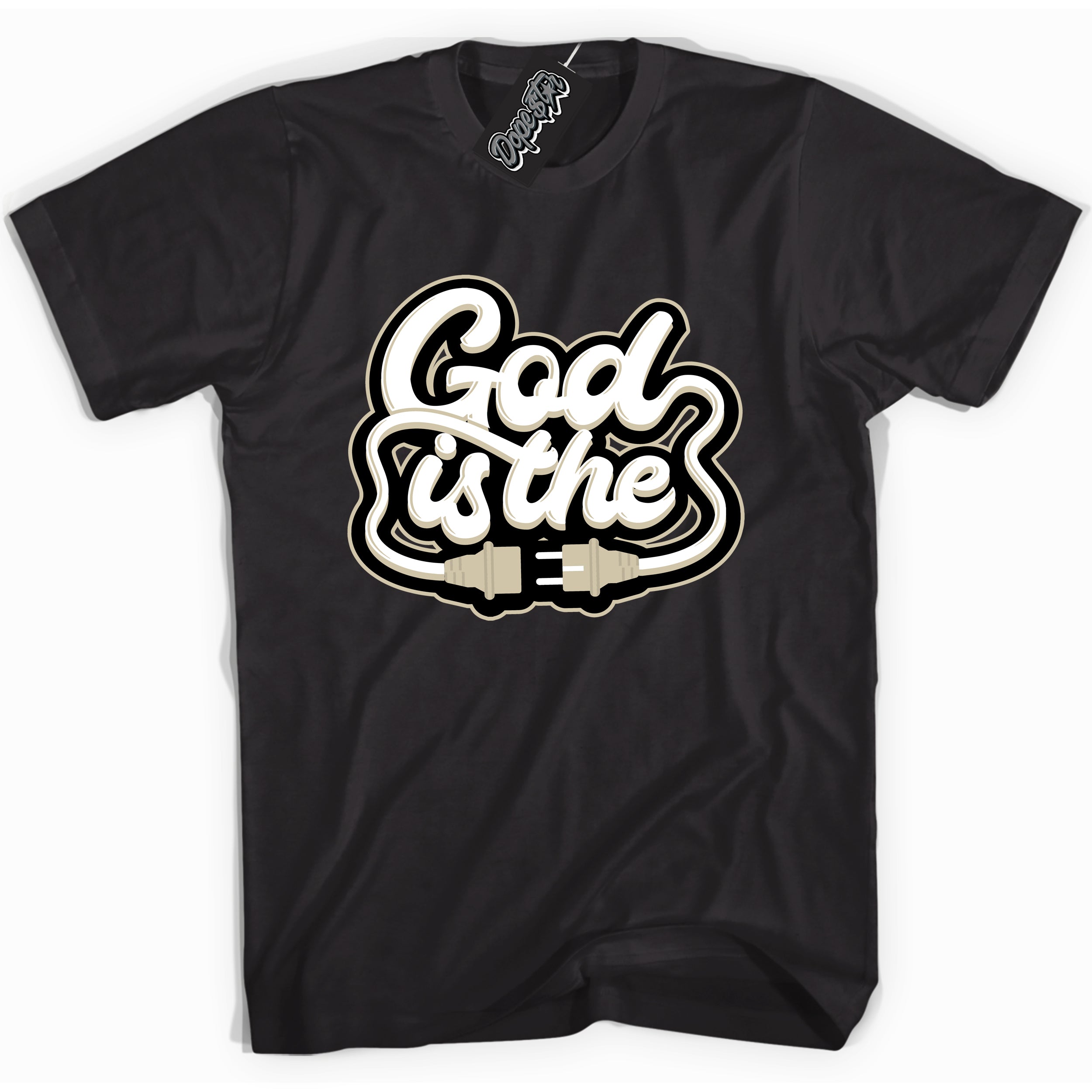 Cool Black graphic tee with “ God Is The Plug  ” print, that perfectly matches GRATITUDE 11s  sneakers 