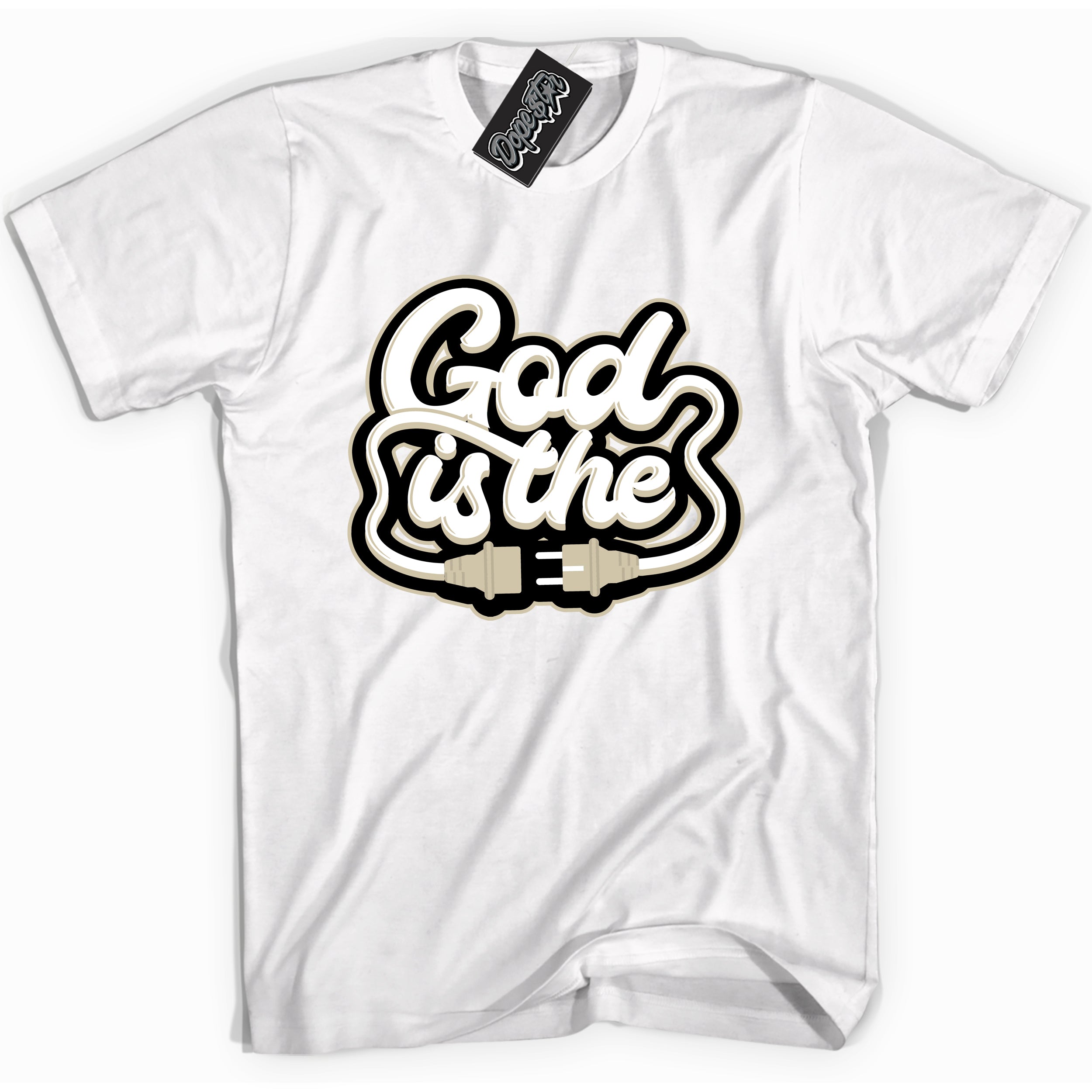 Cool White graphic tee with “ God Is The Plug ” print, that perfectly matches GRATITUDE 11s  sneakers 