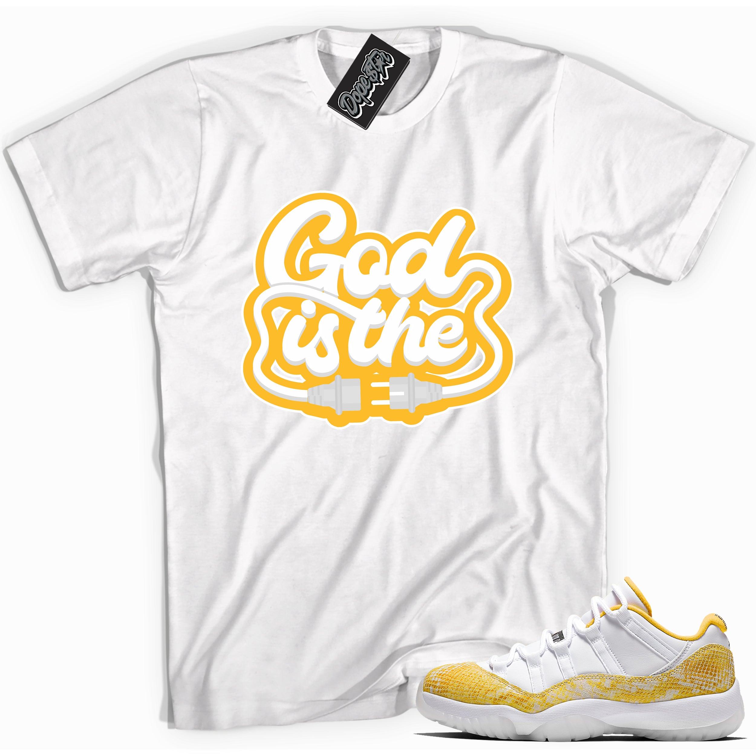 Cool white graphic tee with 'god is the plug' print, that perfectly matches Air Jordan 11 Low Yellow Snakeskin sneakers