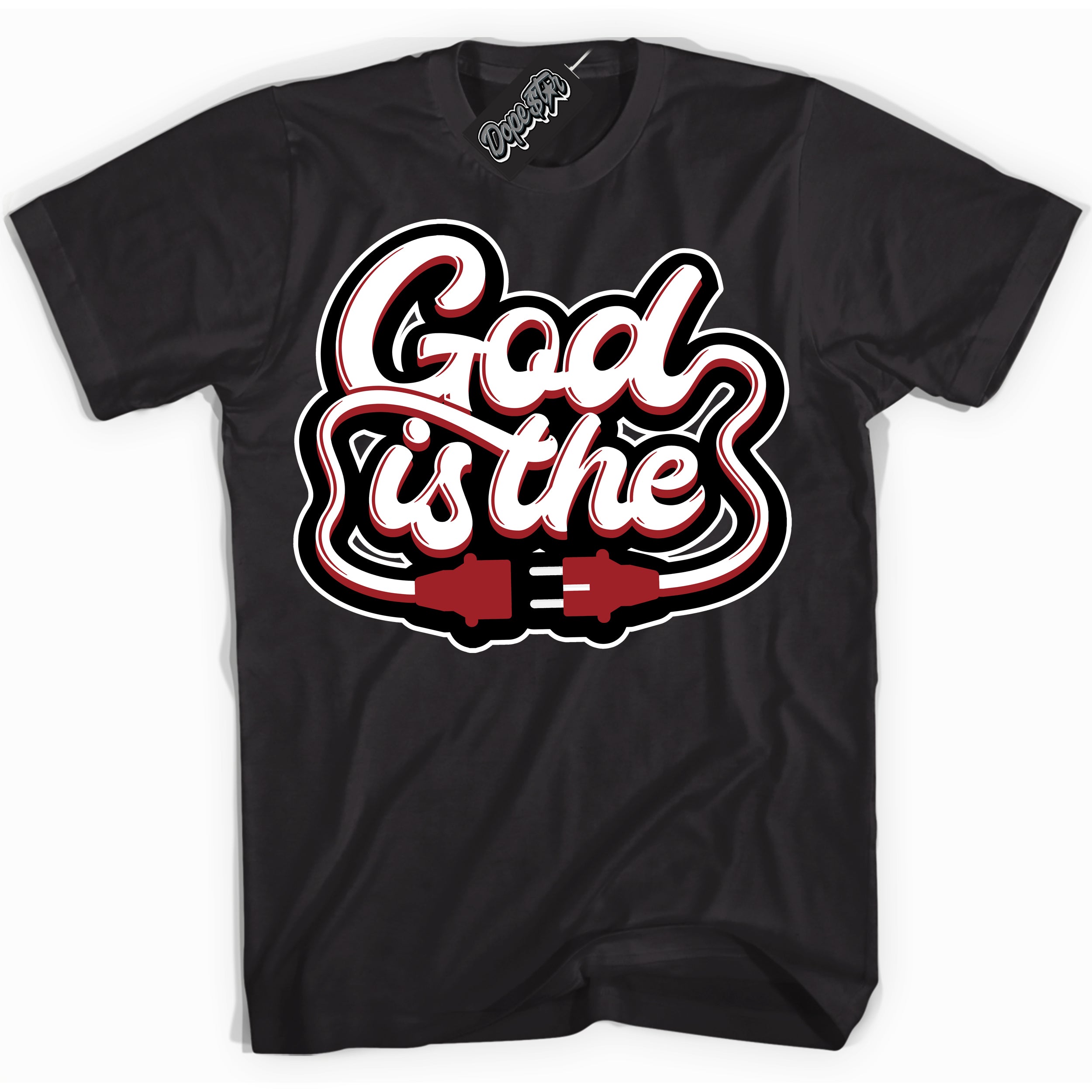 Cool Black graphic tee with “ God Is The ” print, that perfectly matches Lost And Found 1s sneakers 