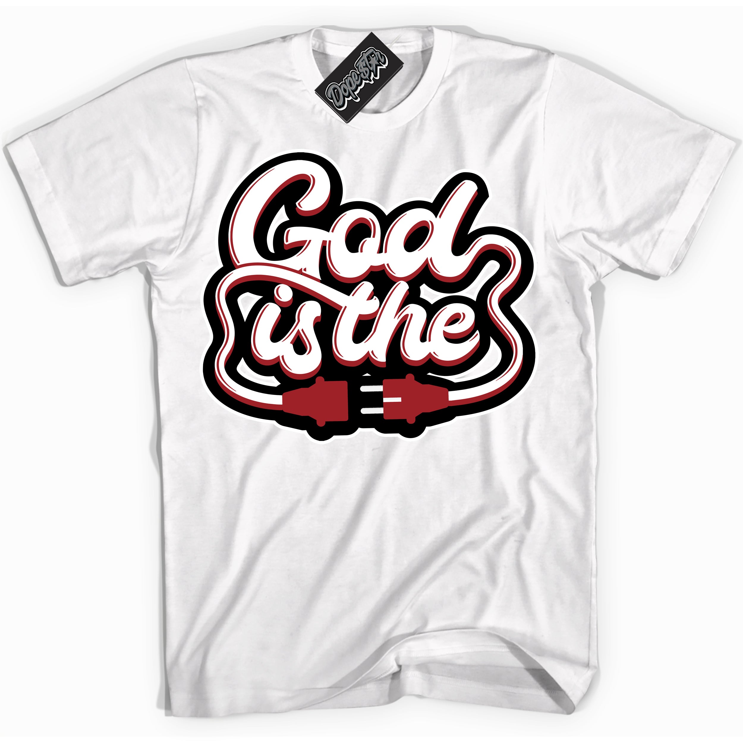 Cool White graphic tee with “ God Is The ” print, that perfectly matches Lost And Found 1s sneakers 