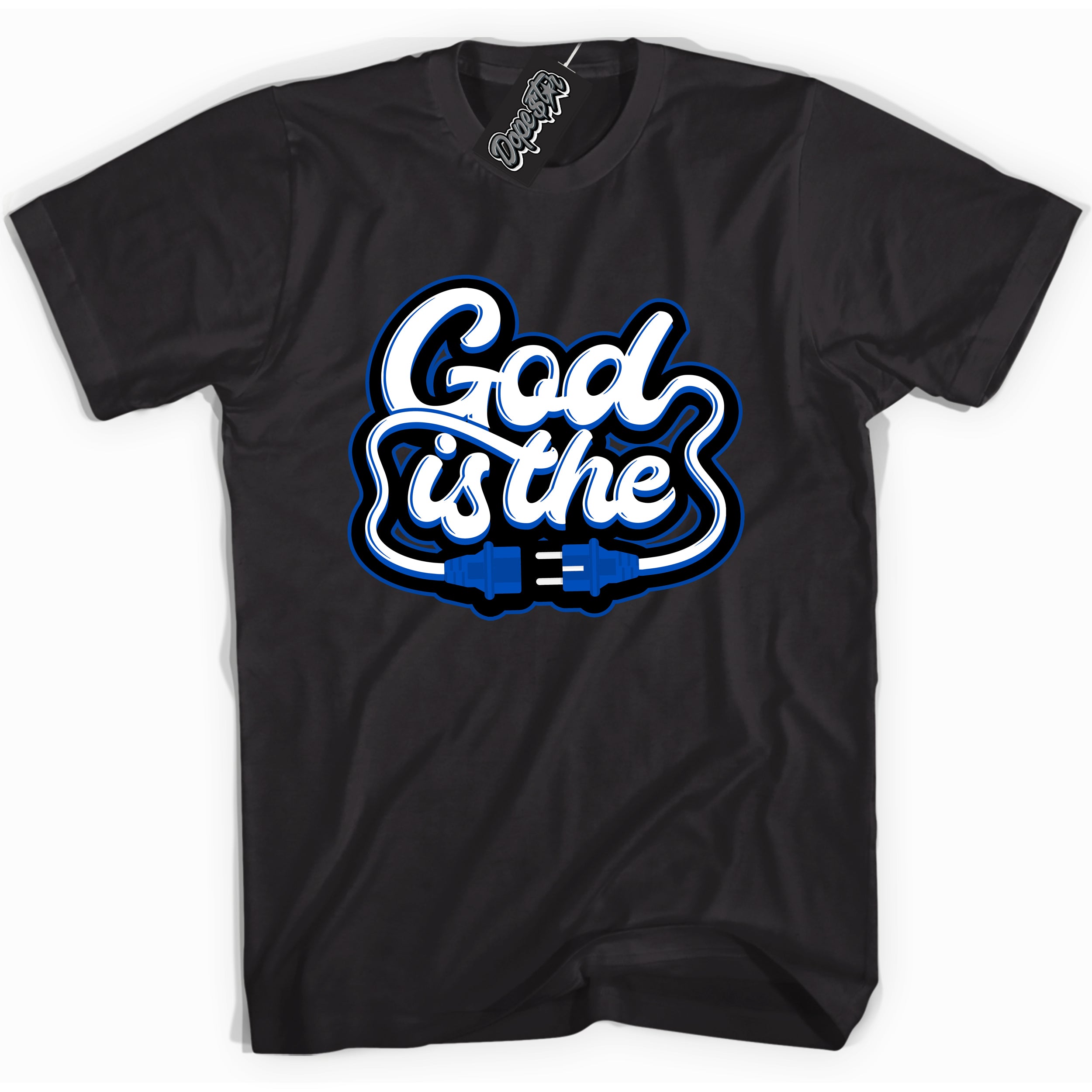 Cool Black graphic tee with God Is The print, that perfectly matches OG Royal Reimagined 1s sneakers 