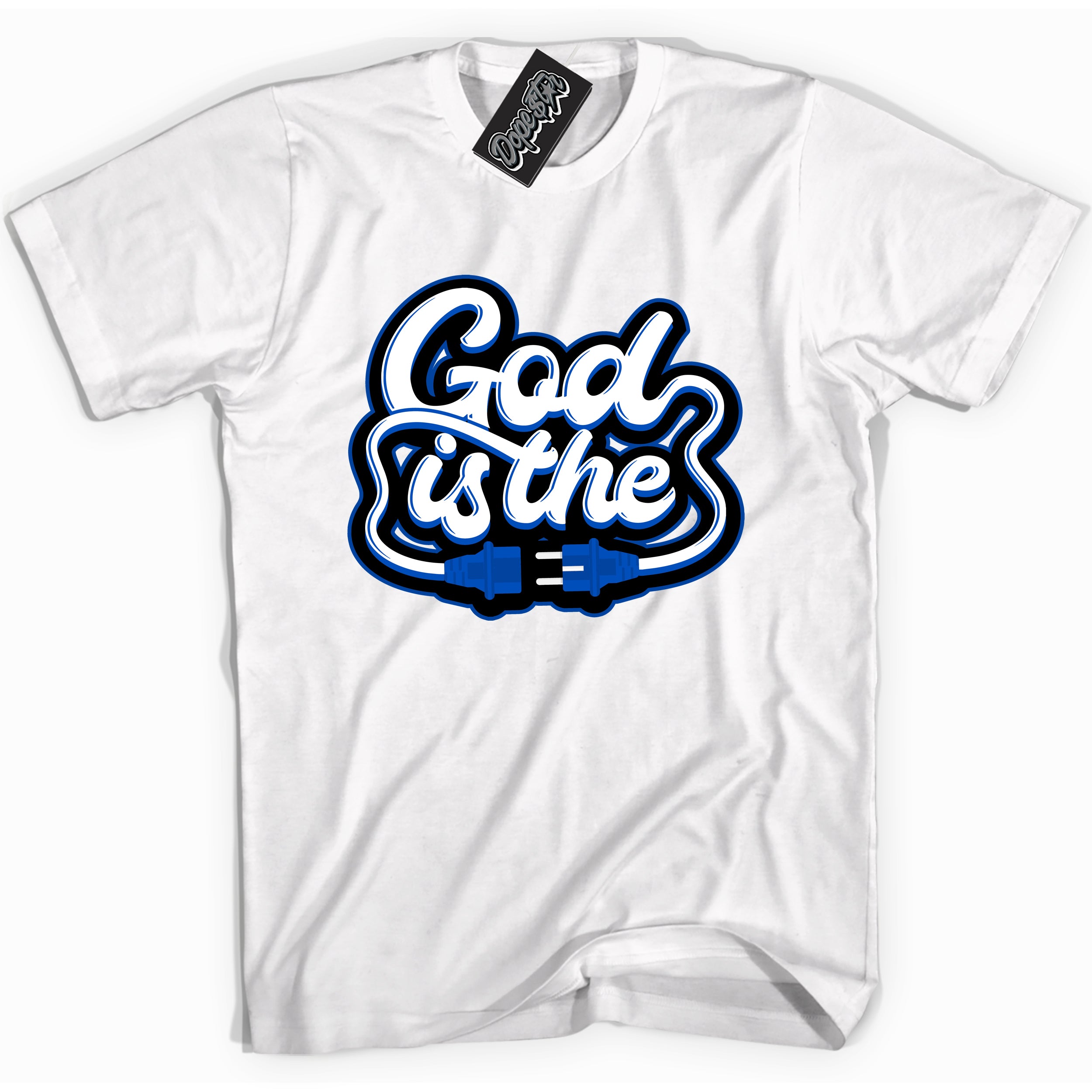 Cool White graphic tee with God Is The print, that perfectly matches OG Royal Reimagined 1s sneakers 