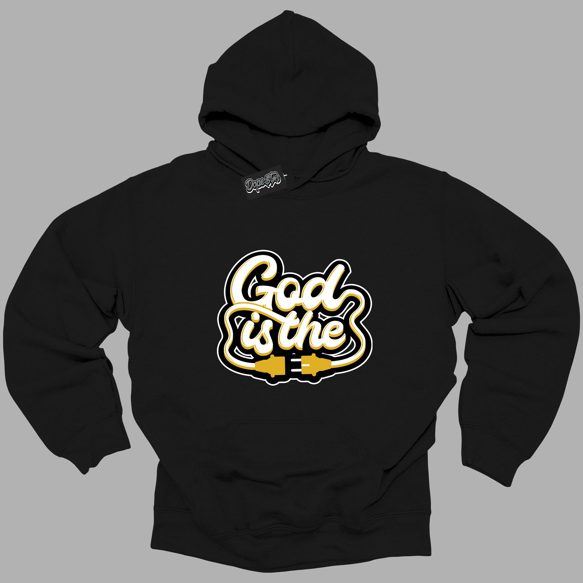 Cool Black Hoodie with “ God Is The ”  design that Perfectly Matches Yellow Ochre 6s Sneakers.