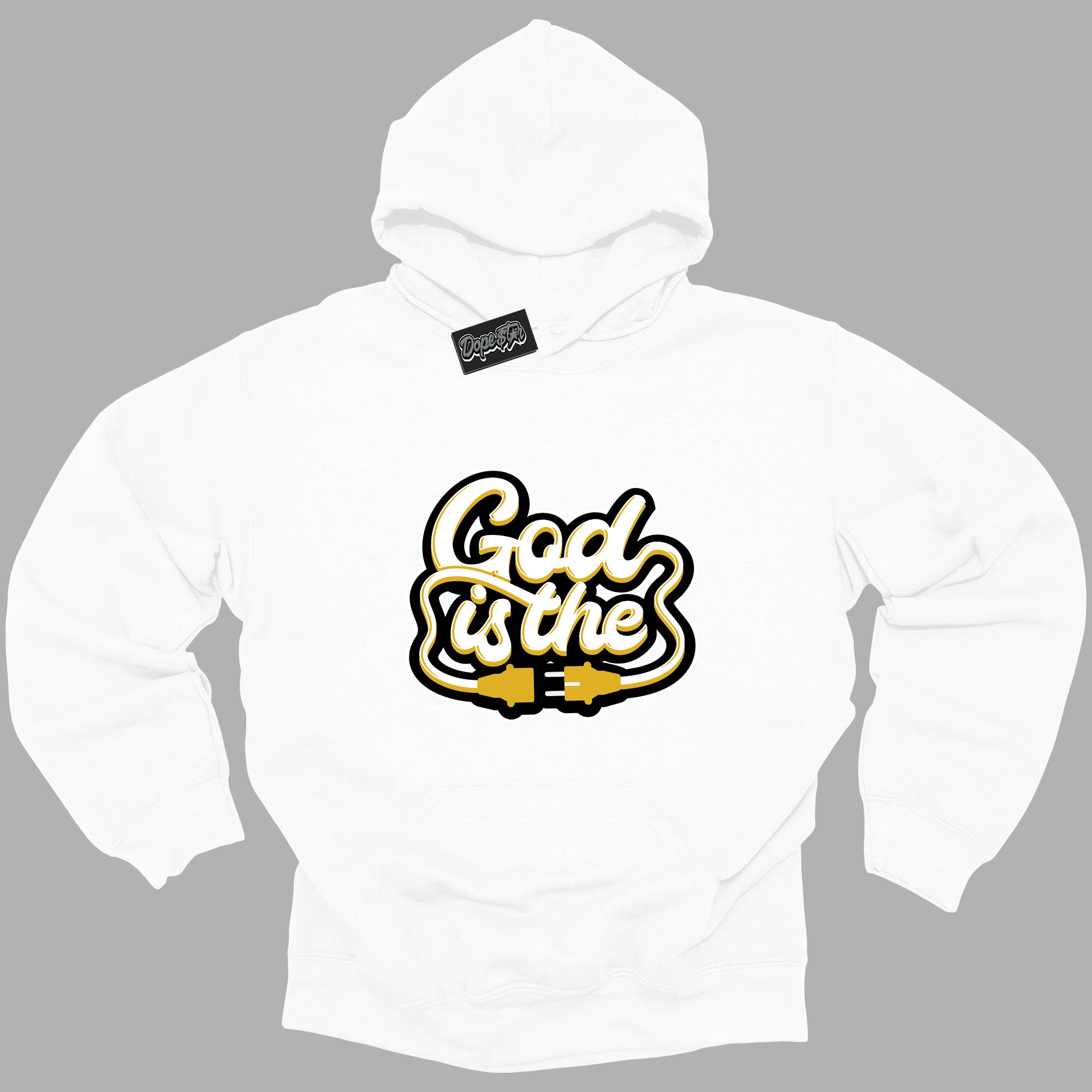 Cool White Hoodie with “ God Is The ”  design that Perfectly Matches Yellow Ochre 6s Sneakers.