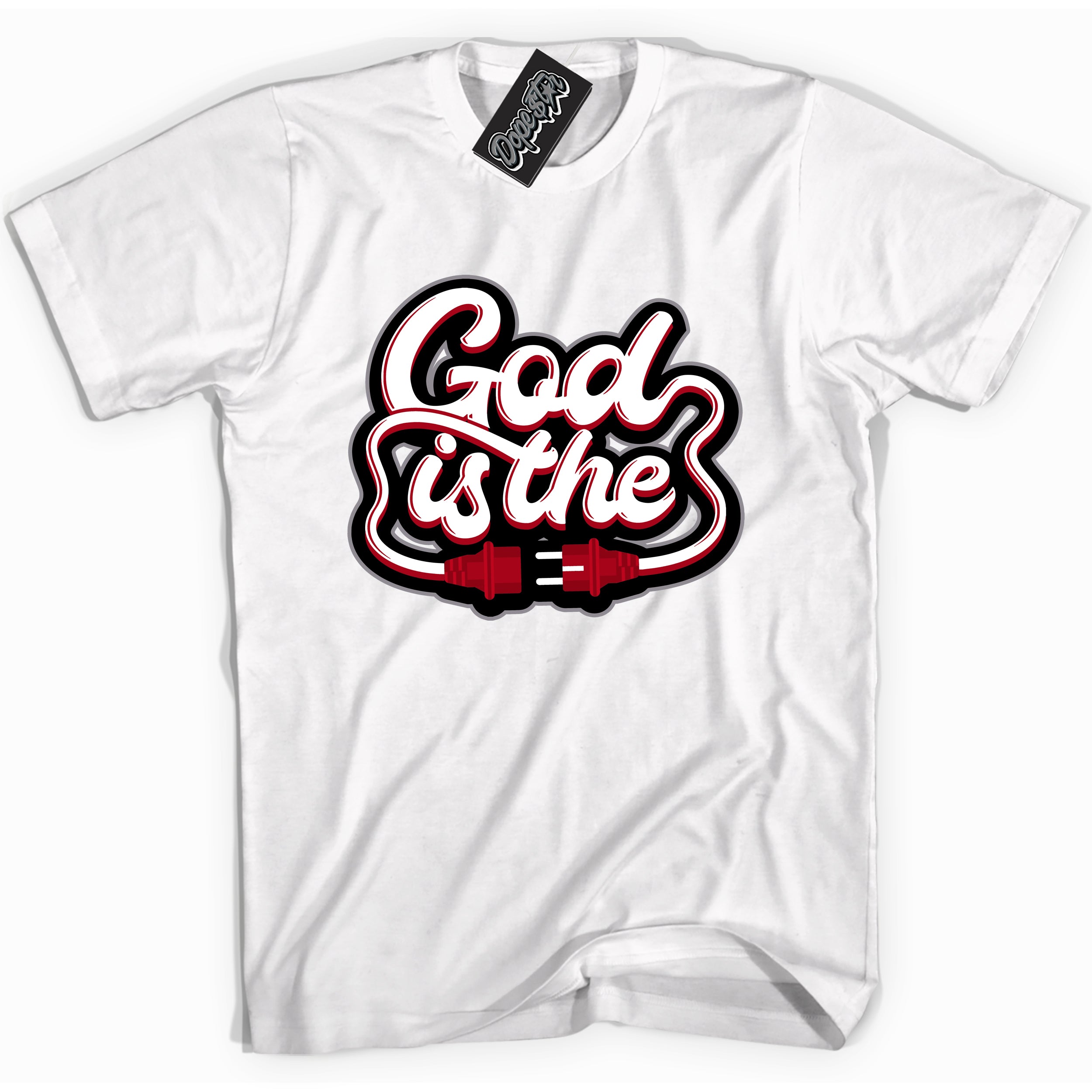 Cool White Shirt with “ God Is The” design that perfectly matches Bred Reimagined 4s Jordans.