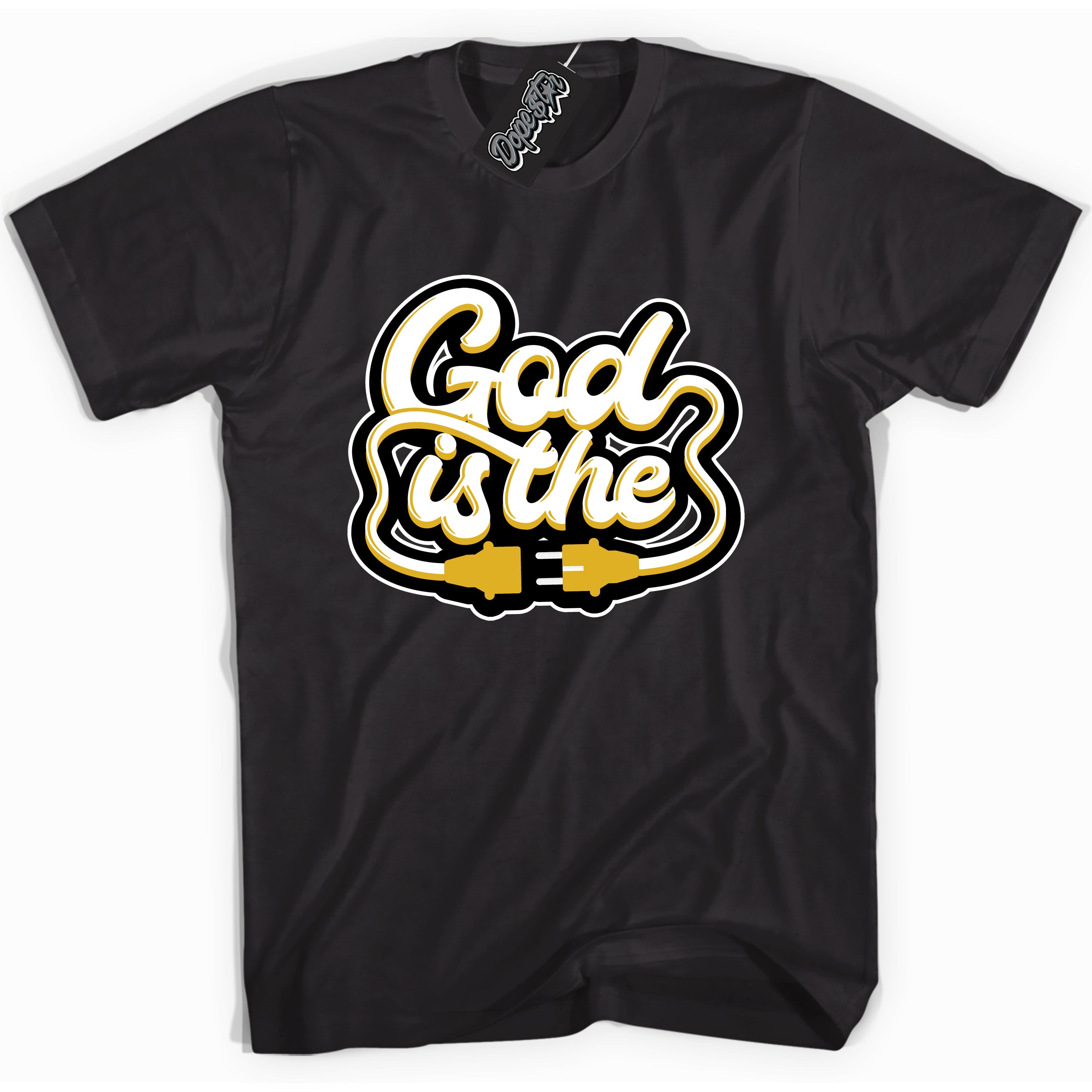 Cool Black Shirt with “ God Is The ” design that perfectly matches Yellow Ochre 6s Sneakers.