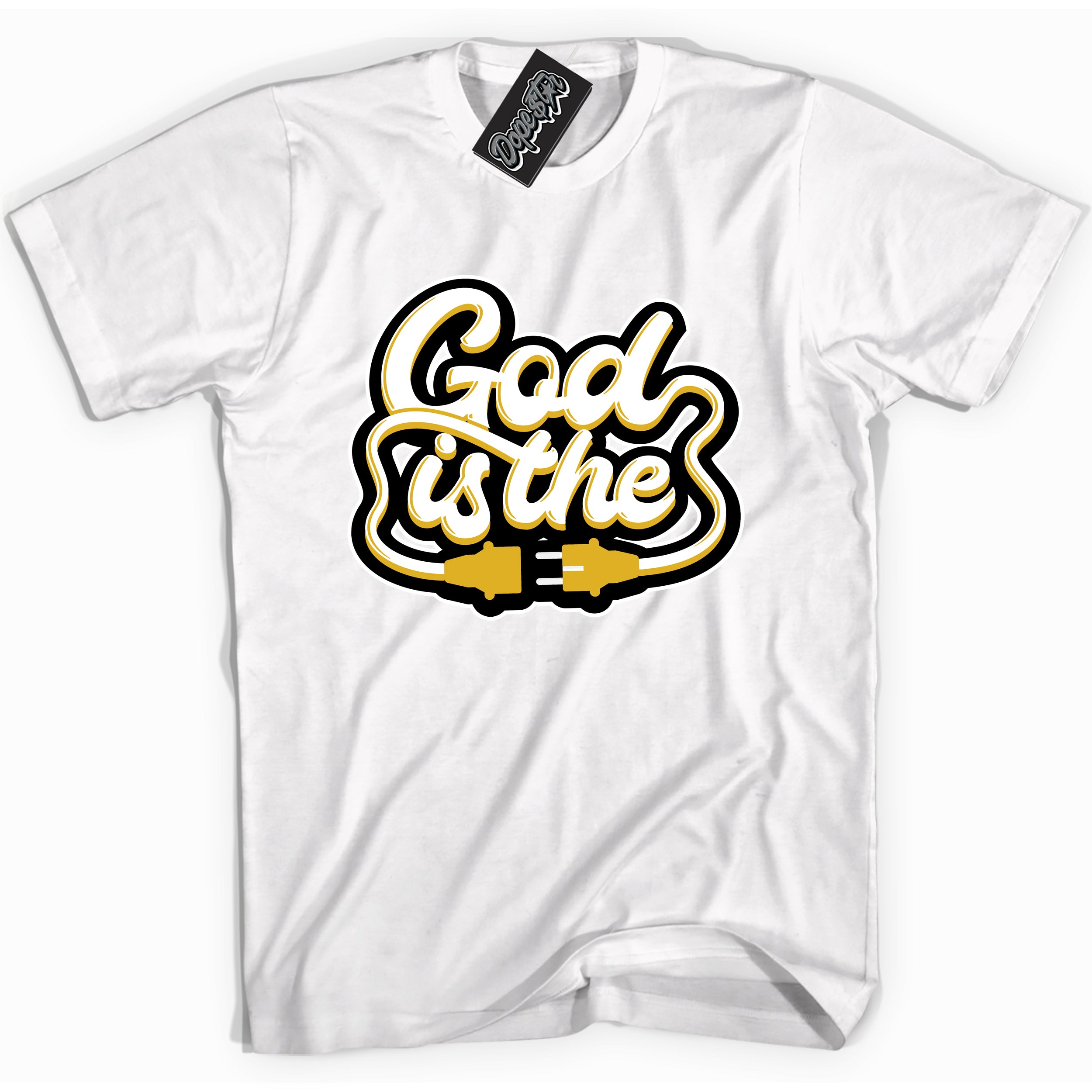 Cool White Shirt with “ God Is The” design that perfectly matches Yellow Ochre 6s Sneakers.