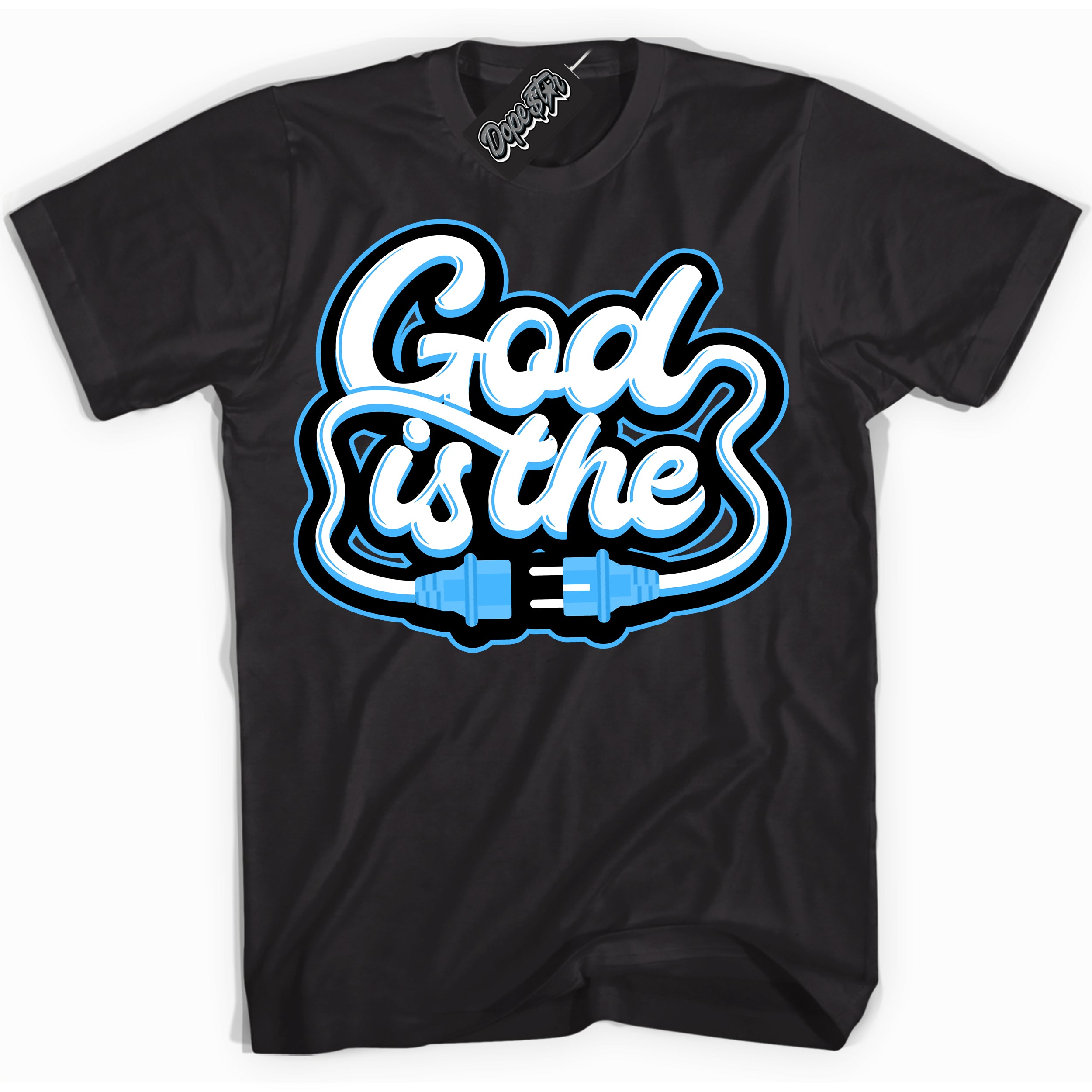 Cool Black graphic tee with “ God Is The ” design, that perfectly matches Powder Blue 9s sneakers 