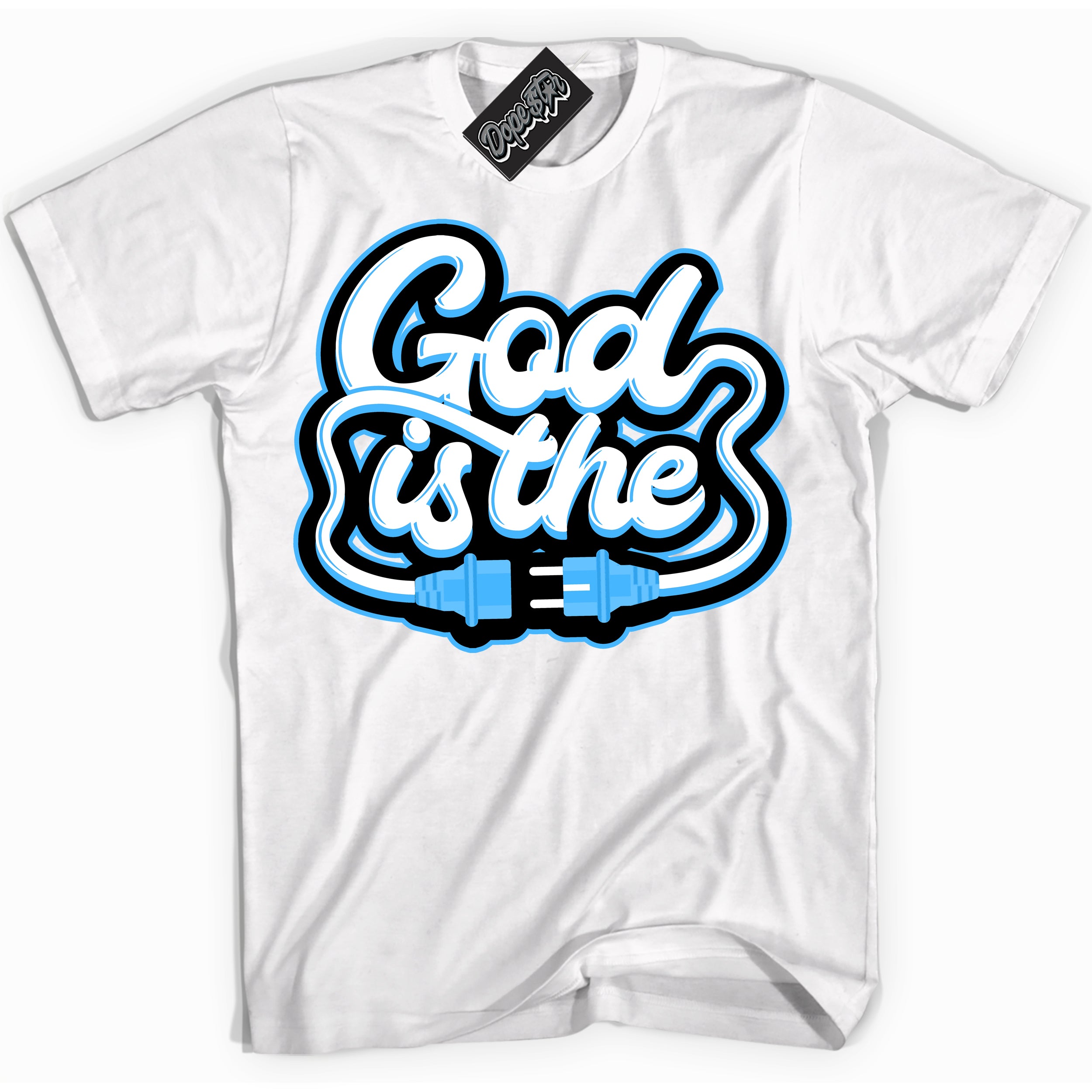 Cool White graphic tee with “ God Is The ” design, that perfectly matches Powder Blue 9s sneakers 