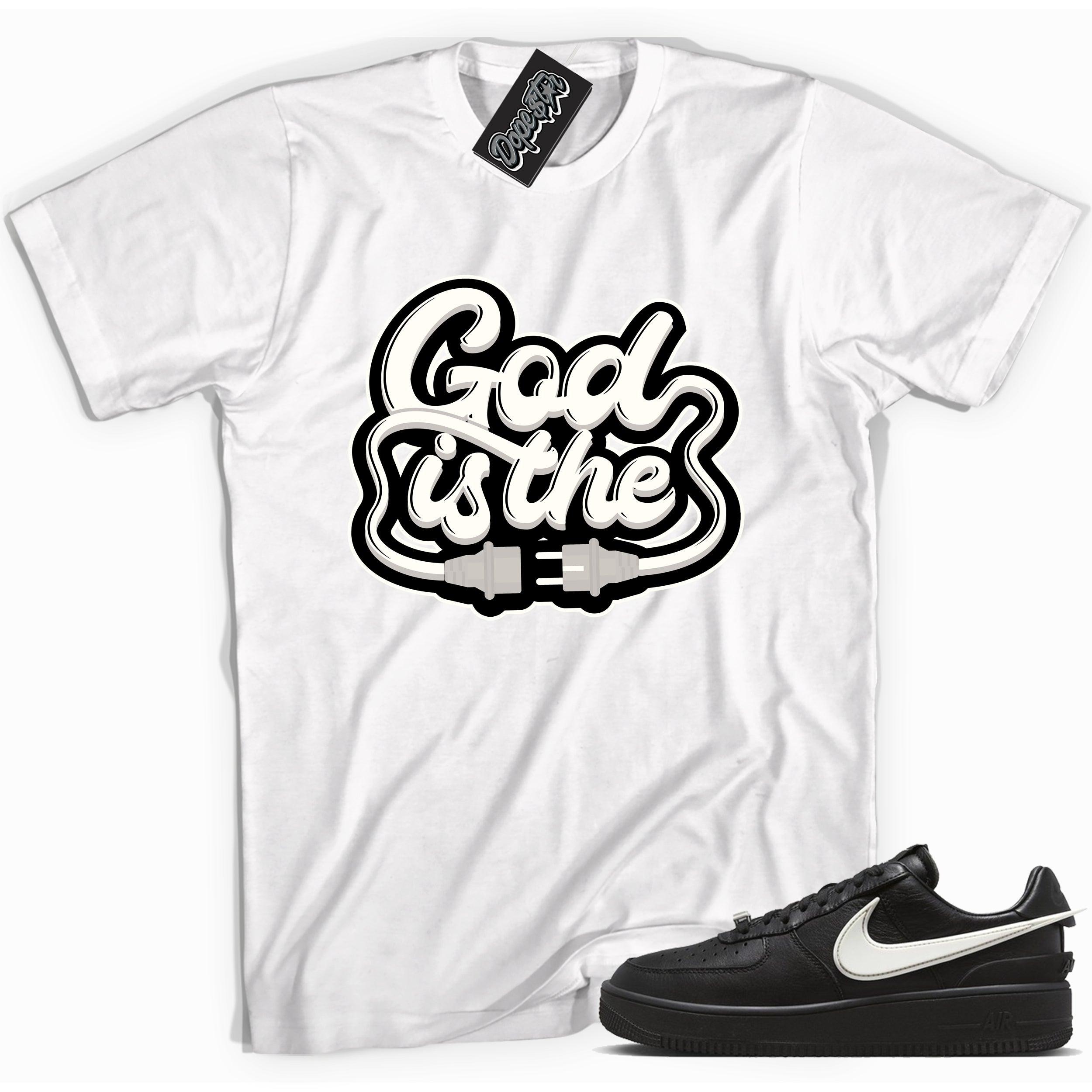 Cool white graphic tee with 'god is the plug' print, that perfectly matches Nike Air Force 1 Low SP Ambush Phantom sneakers.