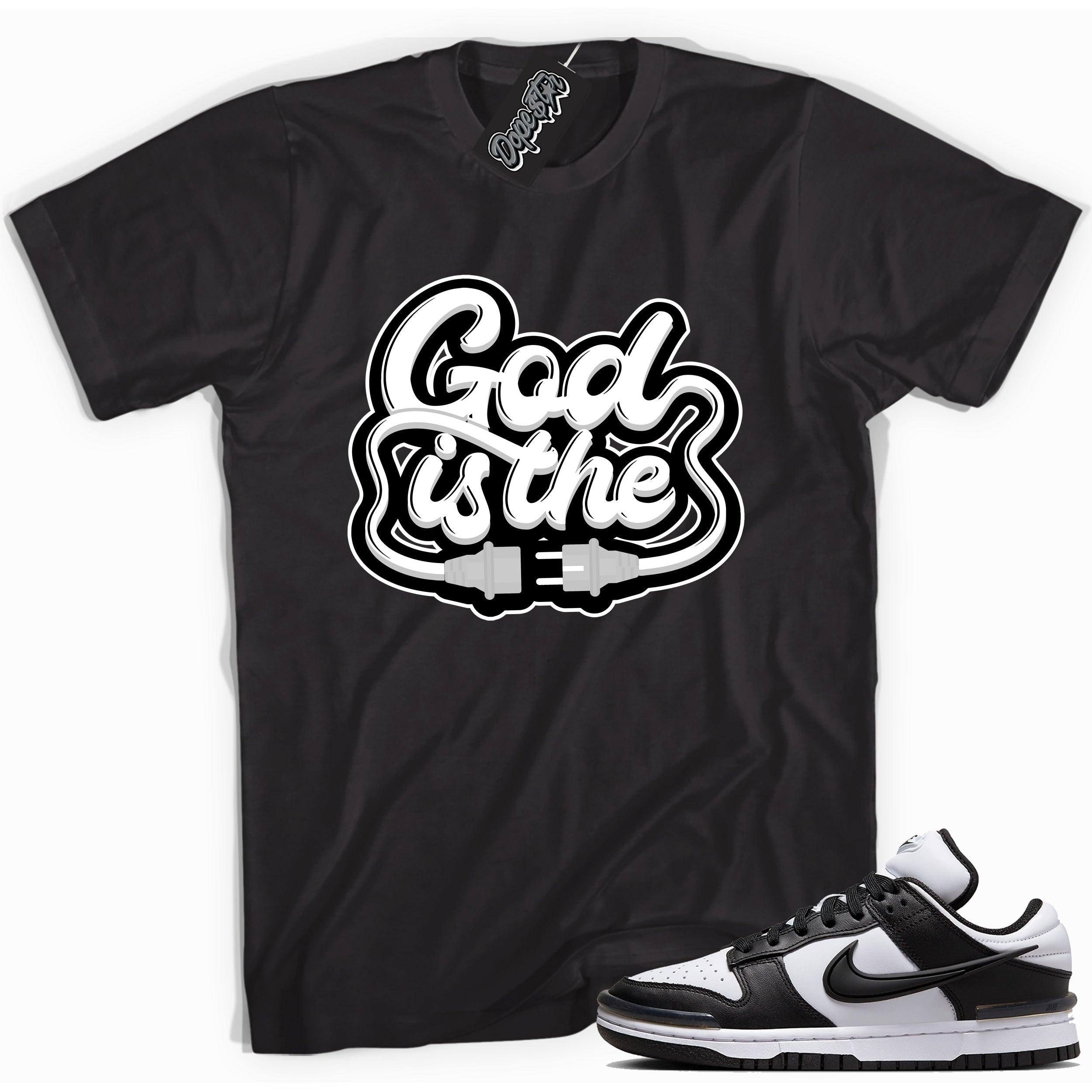 Cool black graphic tee with 'god is the plug' print, that perfectly matches Nike Dunk Low Twist Panda sneakers.