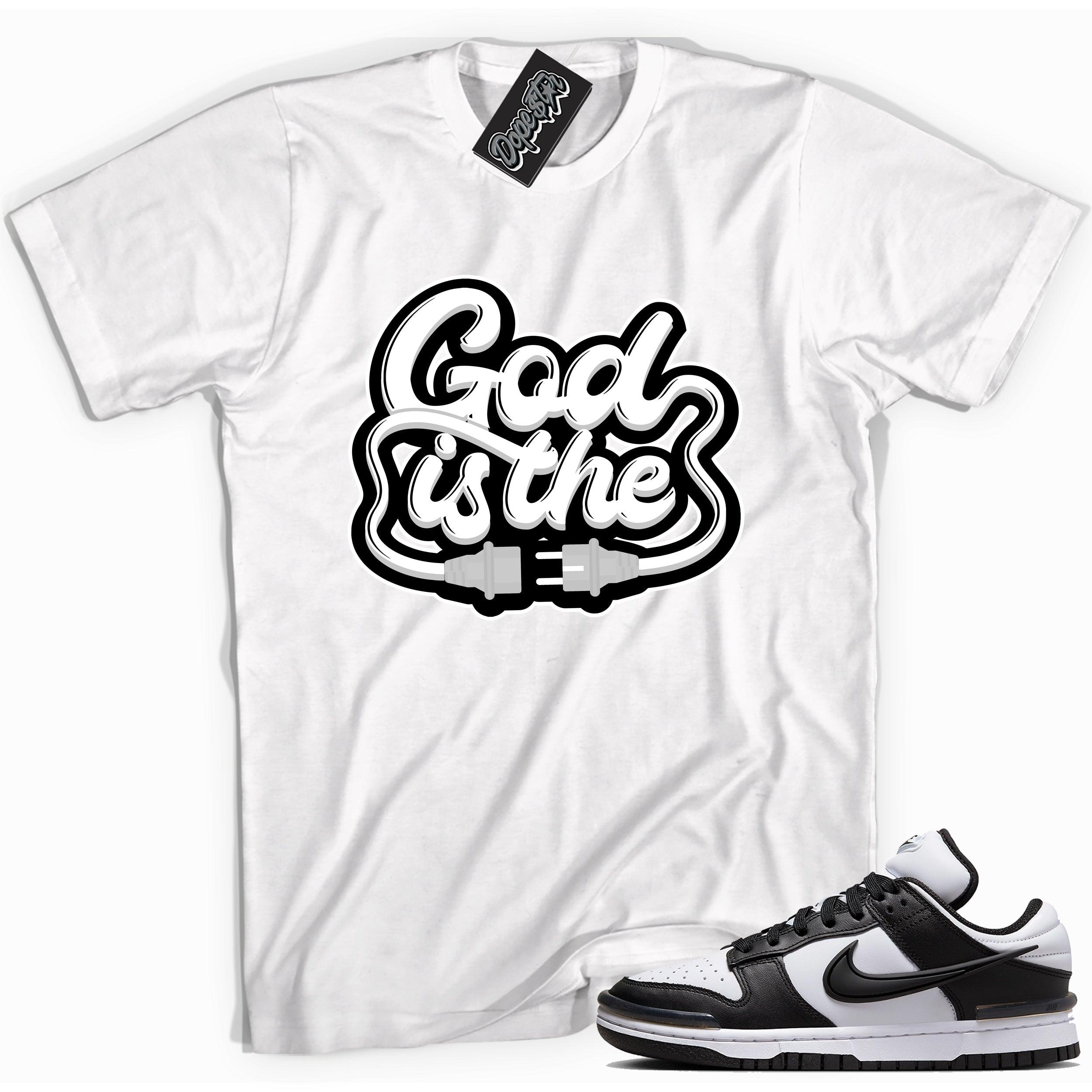 Cool white graphic tee with 'god is the plug' print, that perfectly matches Nike Dunk Low Twist Panda sneakers.