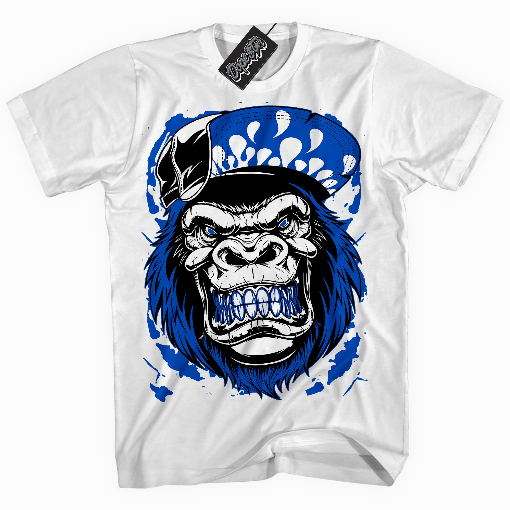 Cool White graphic tee with " Gorilla Beast " design, that perfectly matches Royal Reimagined 1s sneakers 