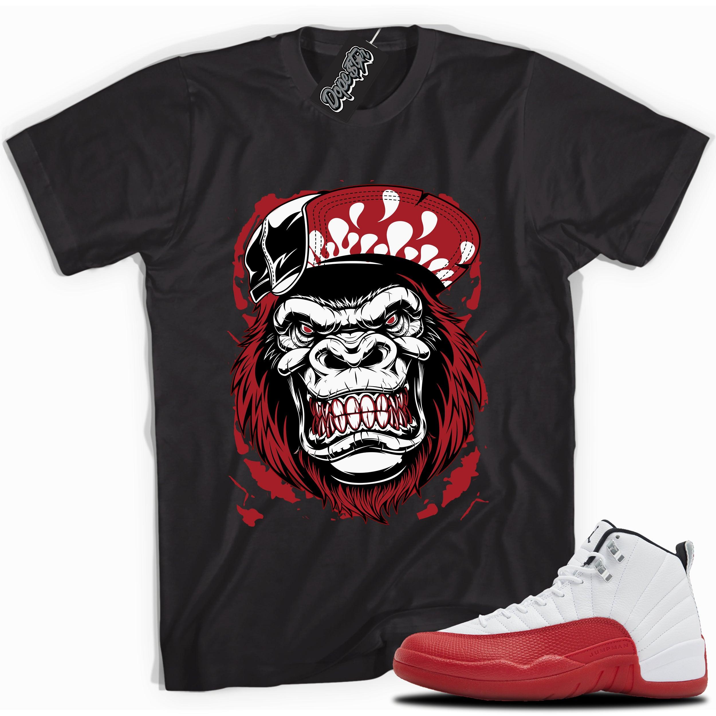 Cool Black graphic tee with “ Gorilla Beast ” print, that perfectly matches Air Jordan 12 Retro Cherry Red 2023 red and white sneakers 