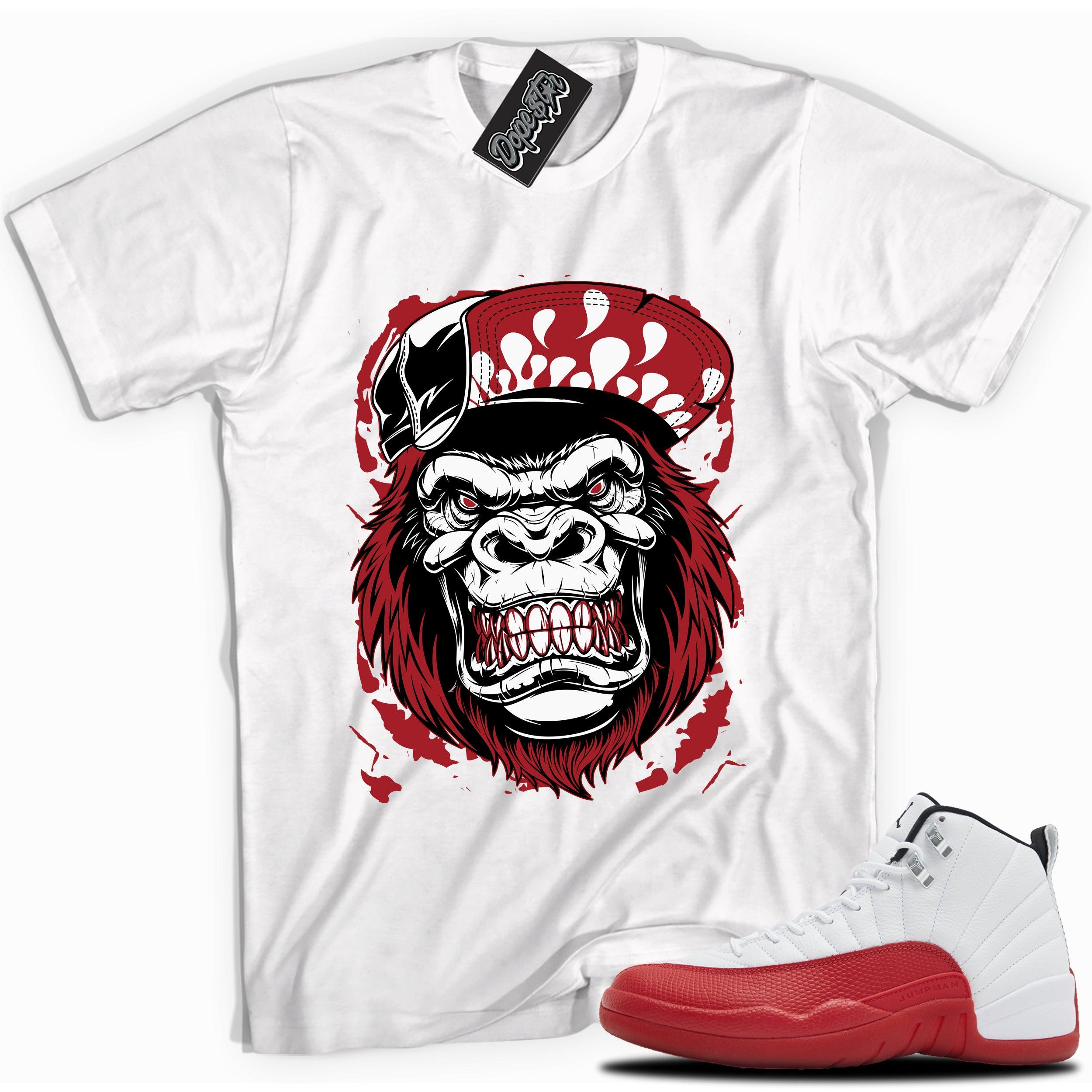 Cool White graphic tee with “ Gorilla Beast ” print, that perfectly matches Air Jordan 12 Retro Cherry Red 2023 red and white sneakers 