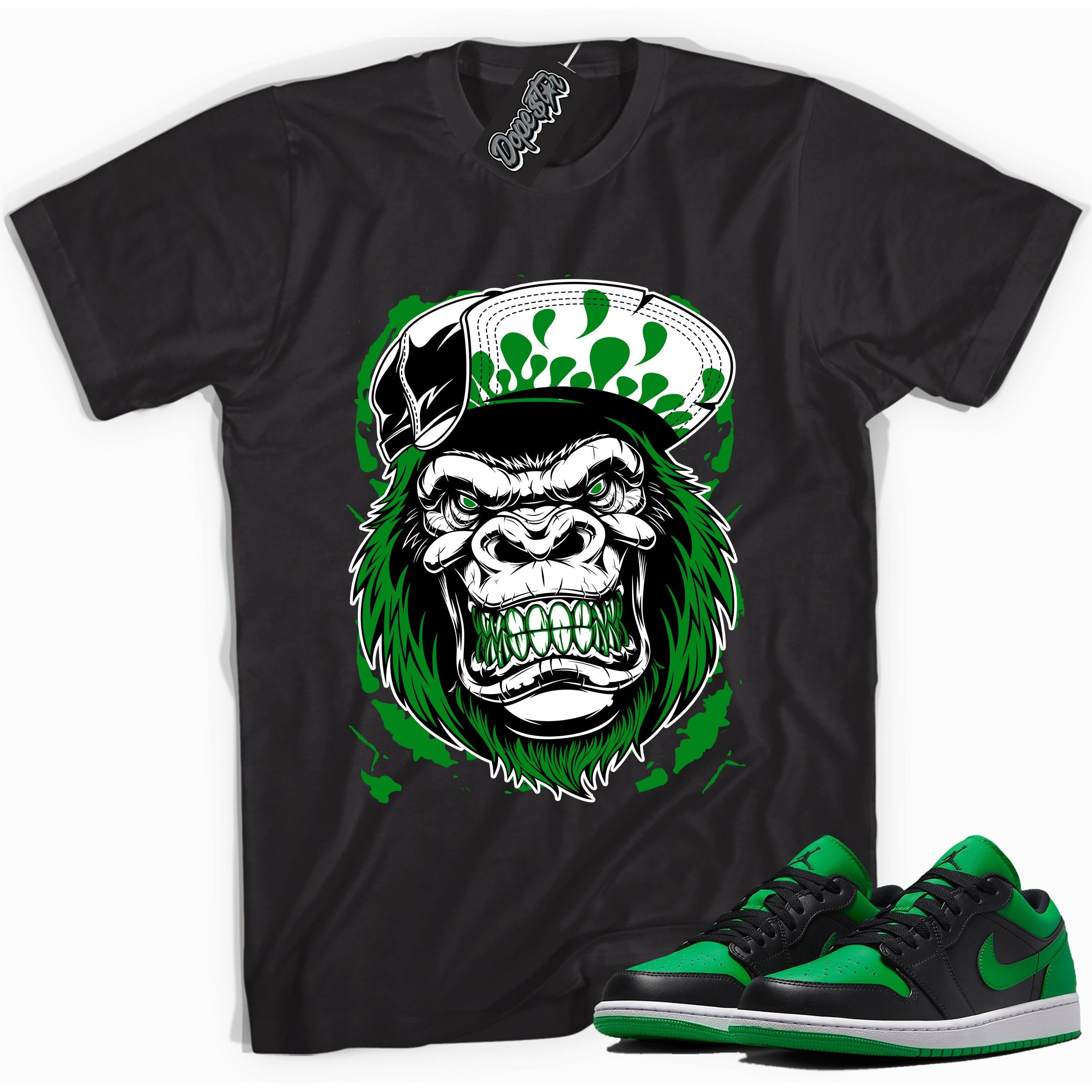 Cool black graphic tee with 'Gorilla Beast' print, that perfectly matches Air Jordan 1 Low Lucky Green sneakers
