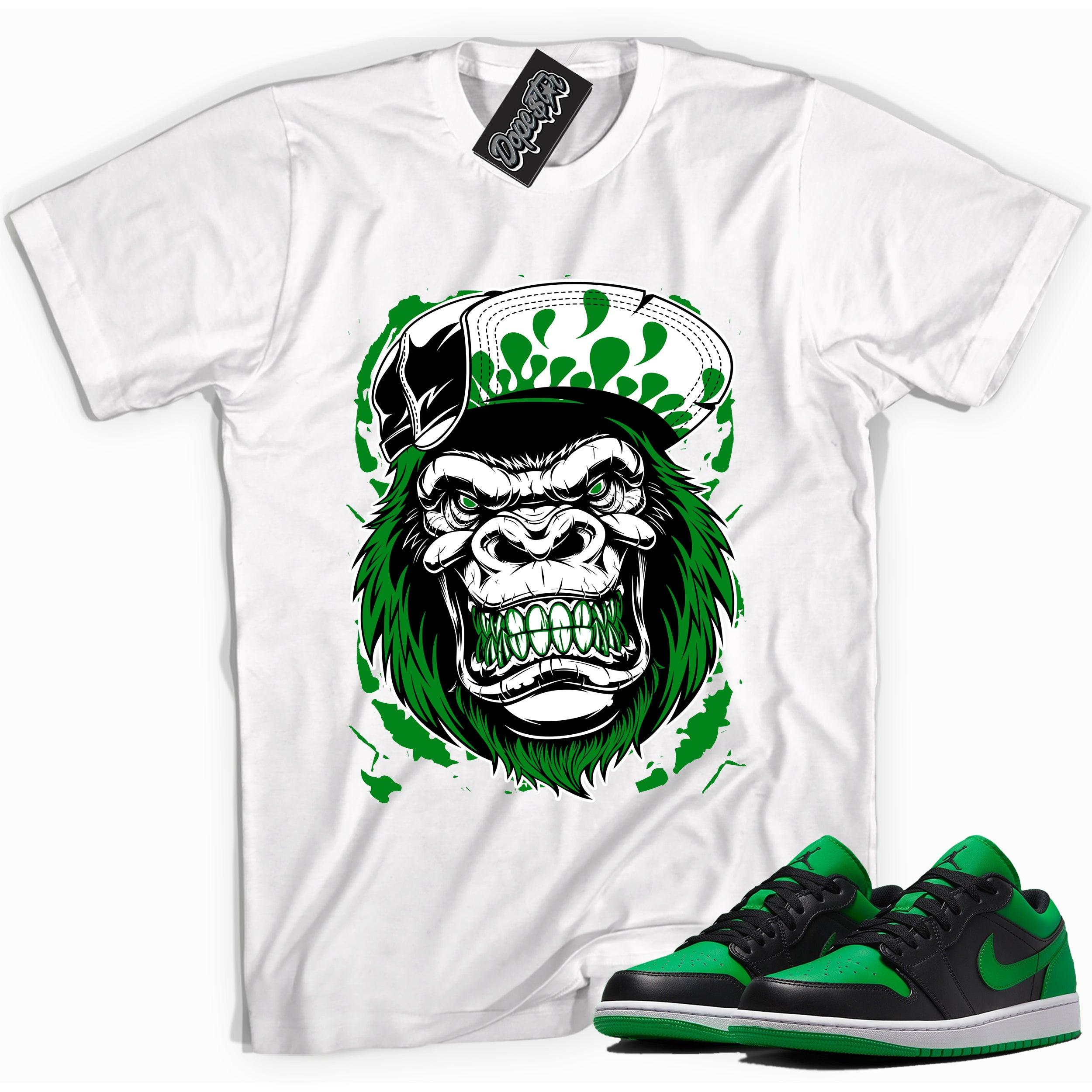 Cool white graphic tee with 'Gorilla Beast' print, that perfectly matches Air Jordan 1 Low Lucky Green sneakers