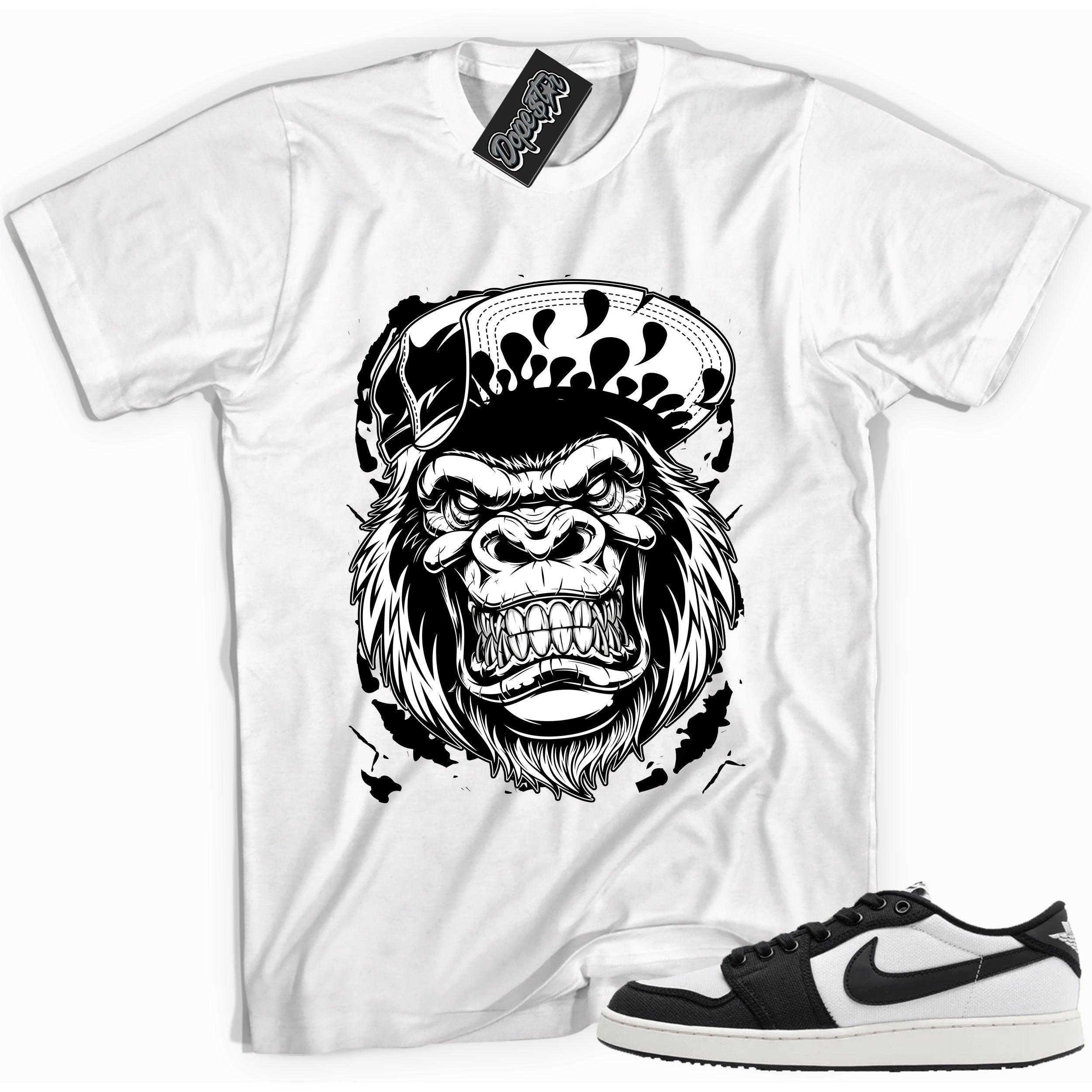 Cool white graphic tee with 'gorilla beast' print, that perfectly matches Air Jordan 1 Retro Ajko Low Black & White sneakers.