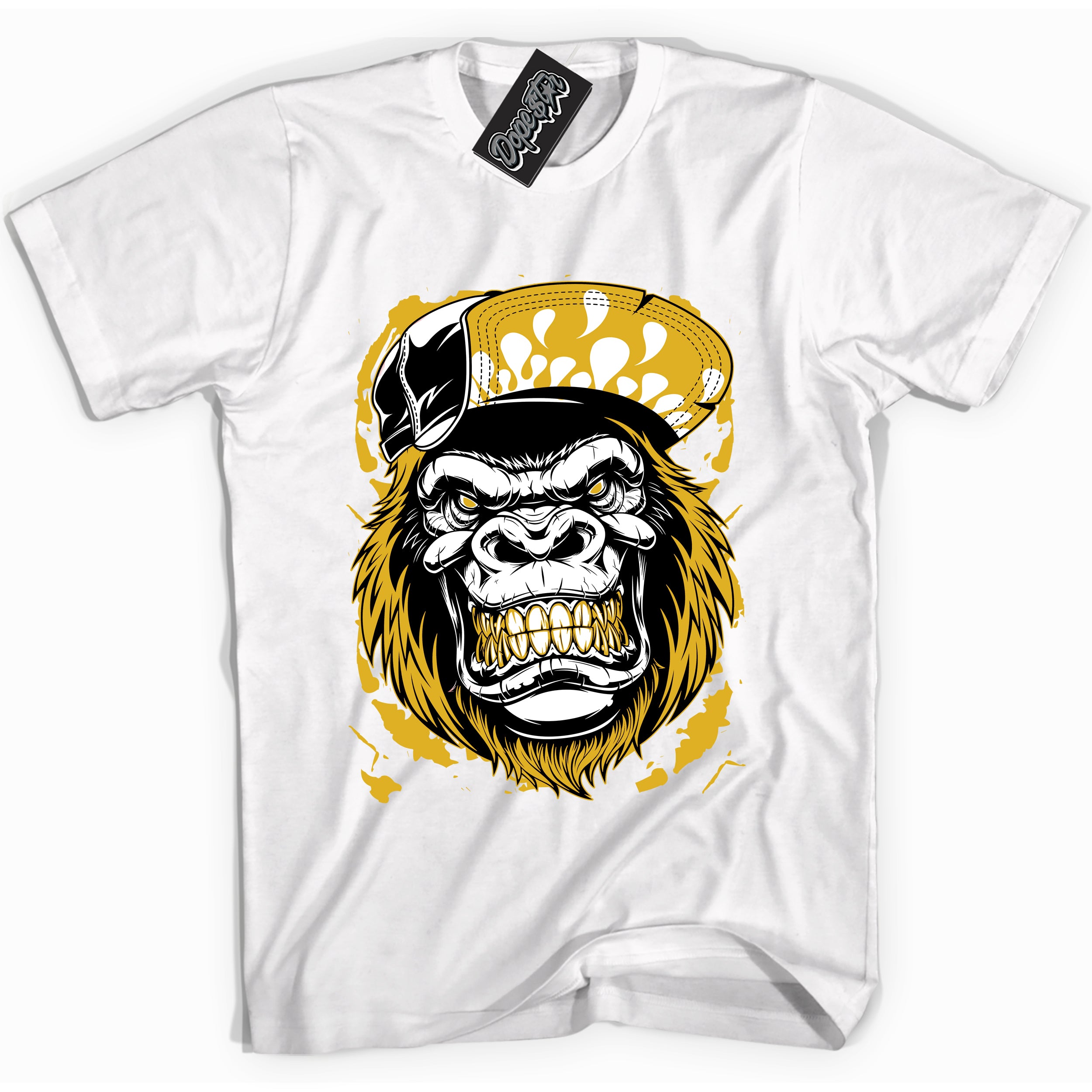 Cool White Shirt with “ Gorilla Beast” design that perfectly matches Yellow Ochre 6s Sneakers.