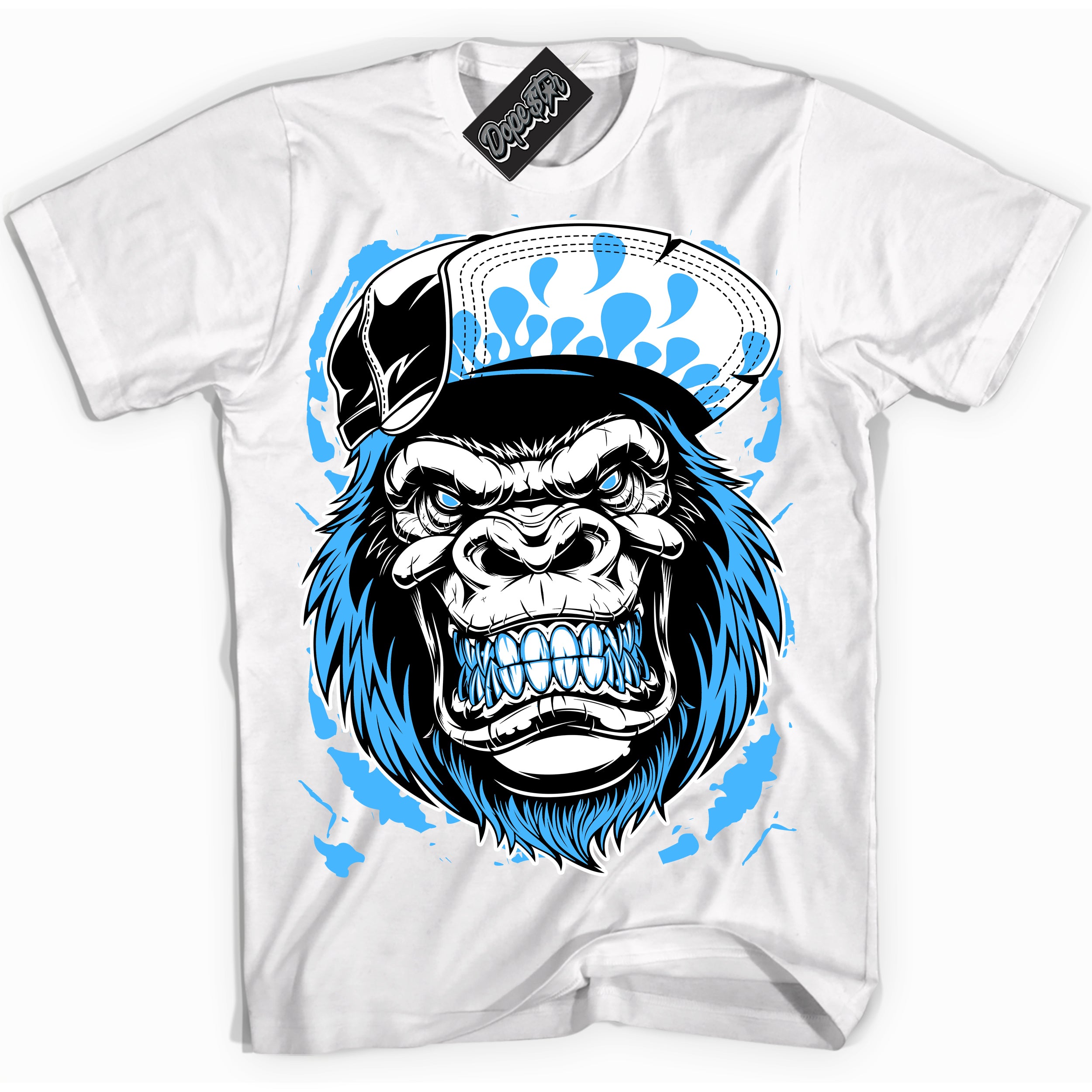 Cool White graphic tee with “ Gorilla Beast ” design, that perfectly matches Powder Blue 9s sneakers 