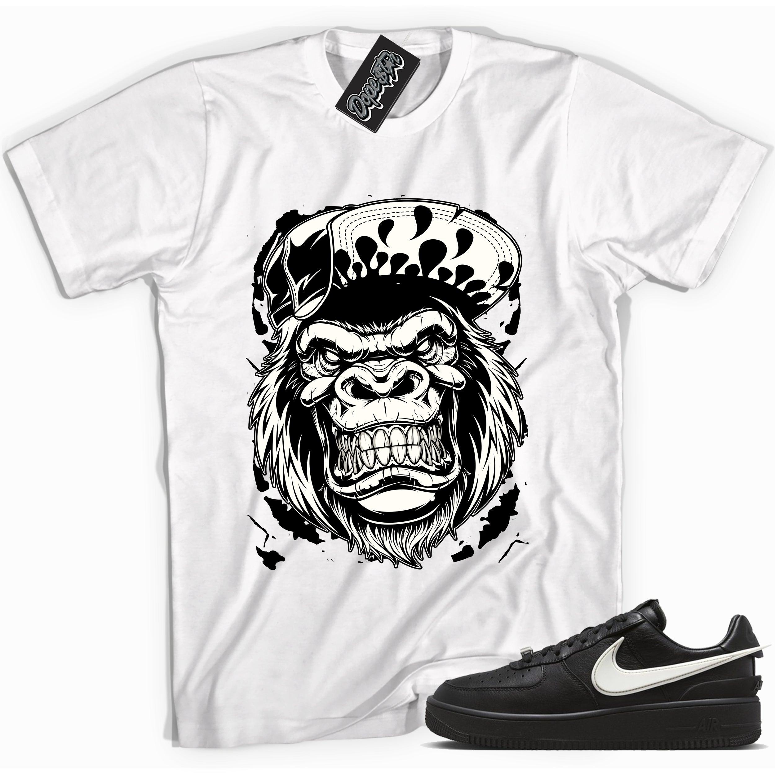 Cool white graphic tee with 'gorilla beast' print, that perfectly matches Nike Air Force 1 Low Ambush Phantom Black sneakers
