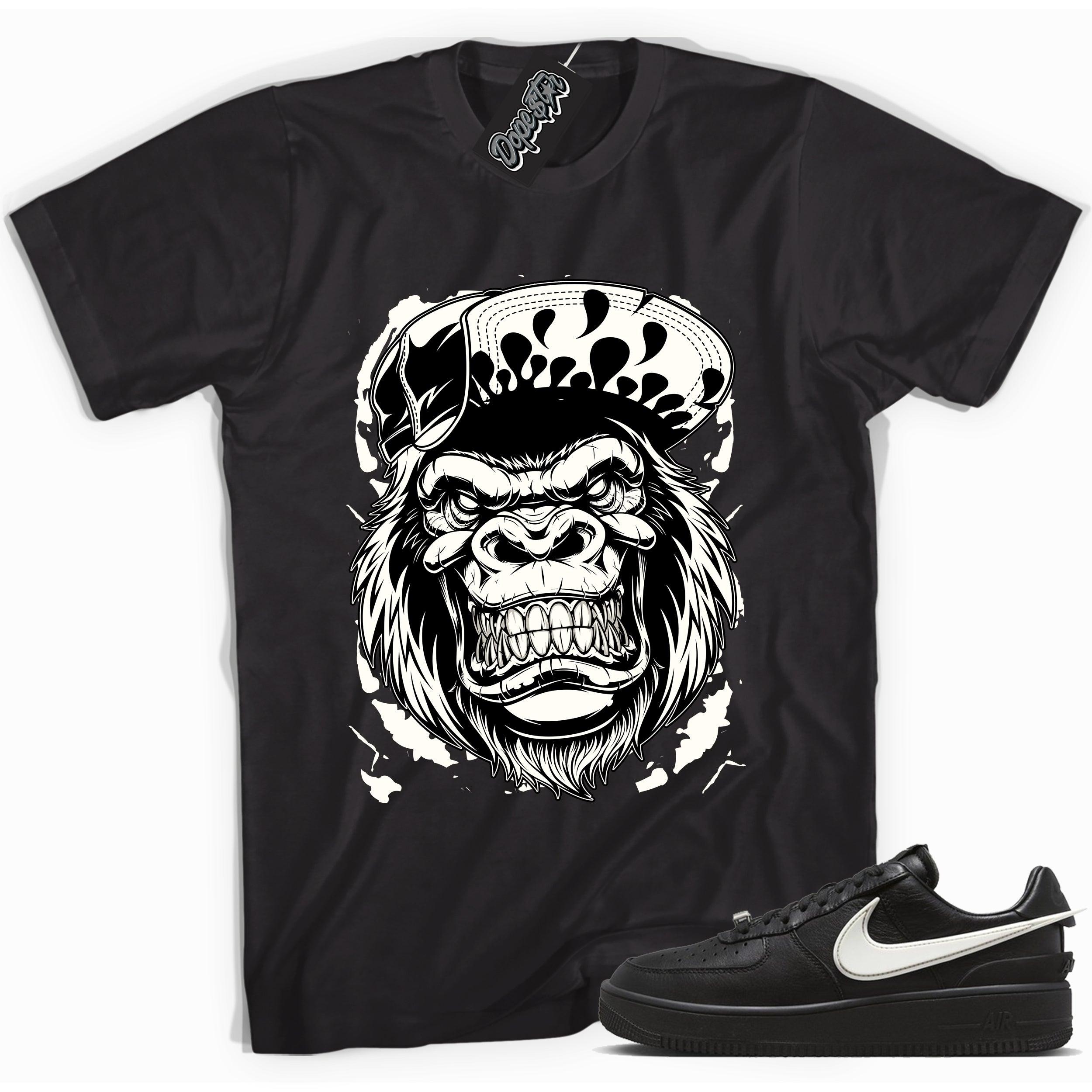 Cool black graphic tee with 'gorilla beast' print, that perfectly matches Nike Air Force 1 Low Ambush Phantom Black sneakers