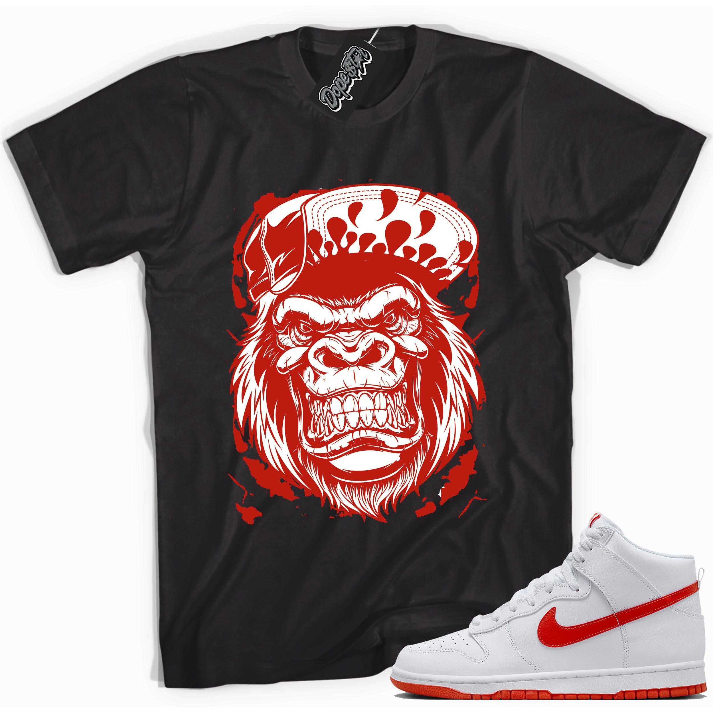 Cool black graphic tee with 'gorilla beast' print, that perfectly matches Nike Dunk High White Picante Red sneakers.