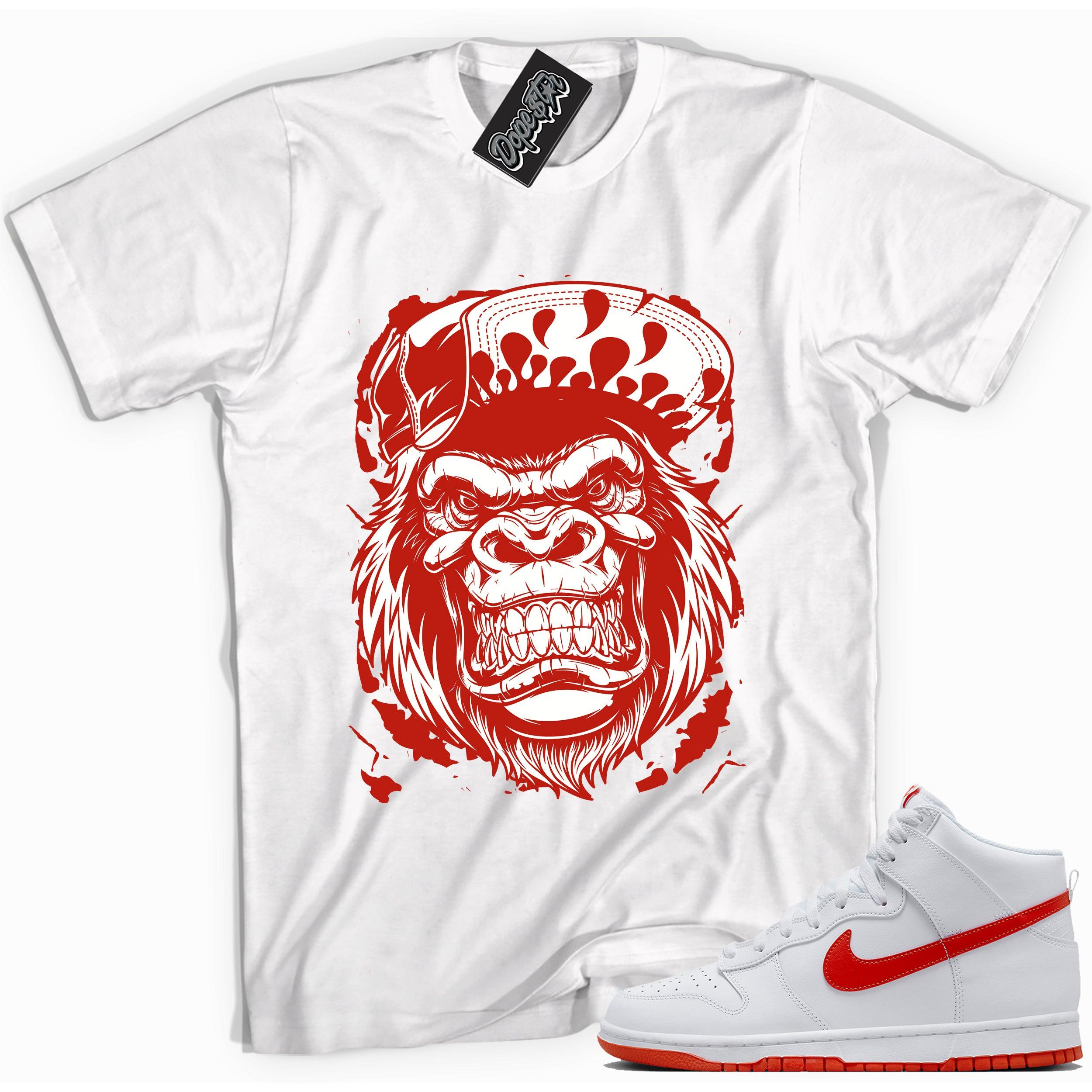 Cool white graphic tee with 'gorilla beast' print, that perfectly matches Nike Dunk High White Picante Red sneakers.
