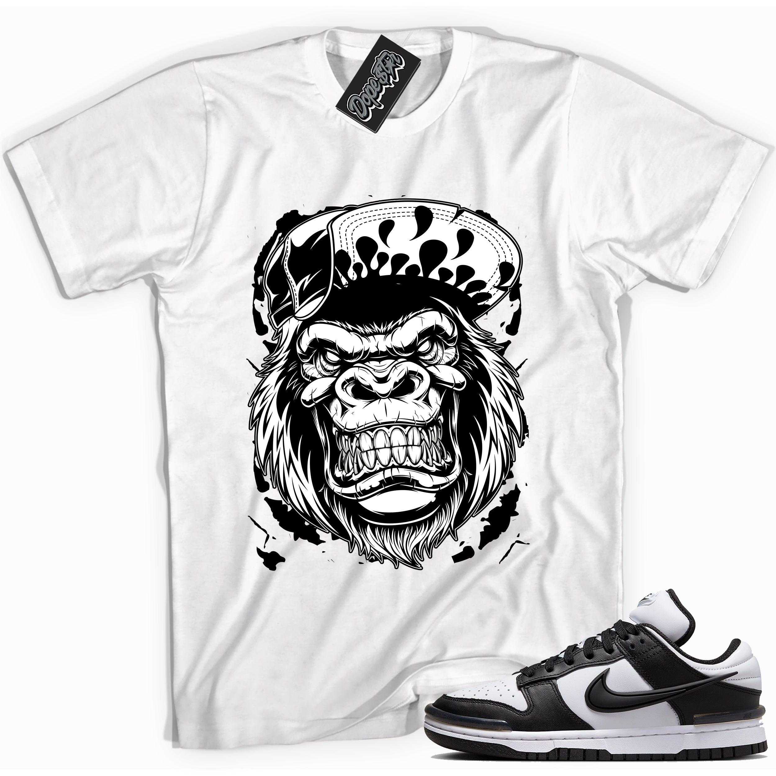 Cool white graphic tee with 'gorilla beast' print, that perfectly matches Nike Dunk Low Twist Panda sneakers.