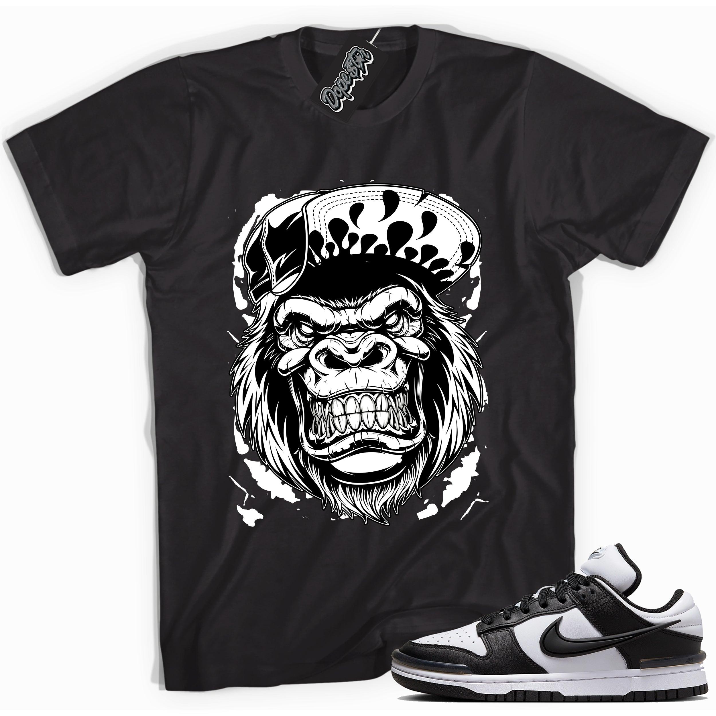 Cool black graphic tee with 'gorilla beast' print, that perfectly matches Nike Dunk Low Twist Panda sneakers.