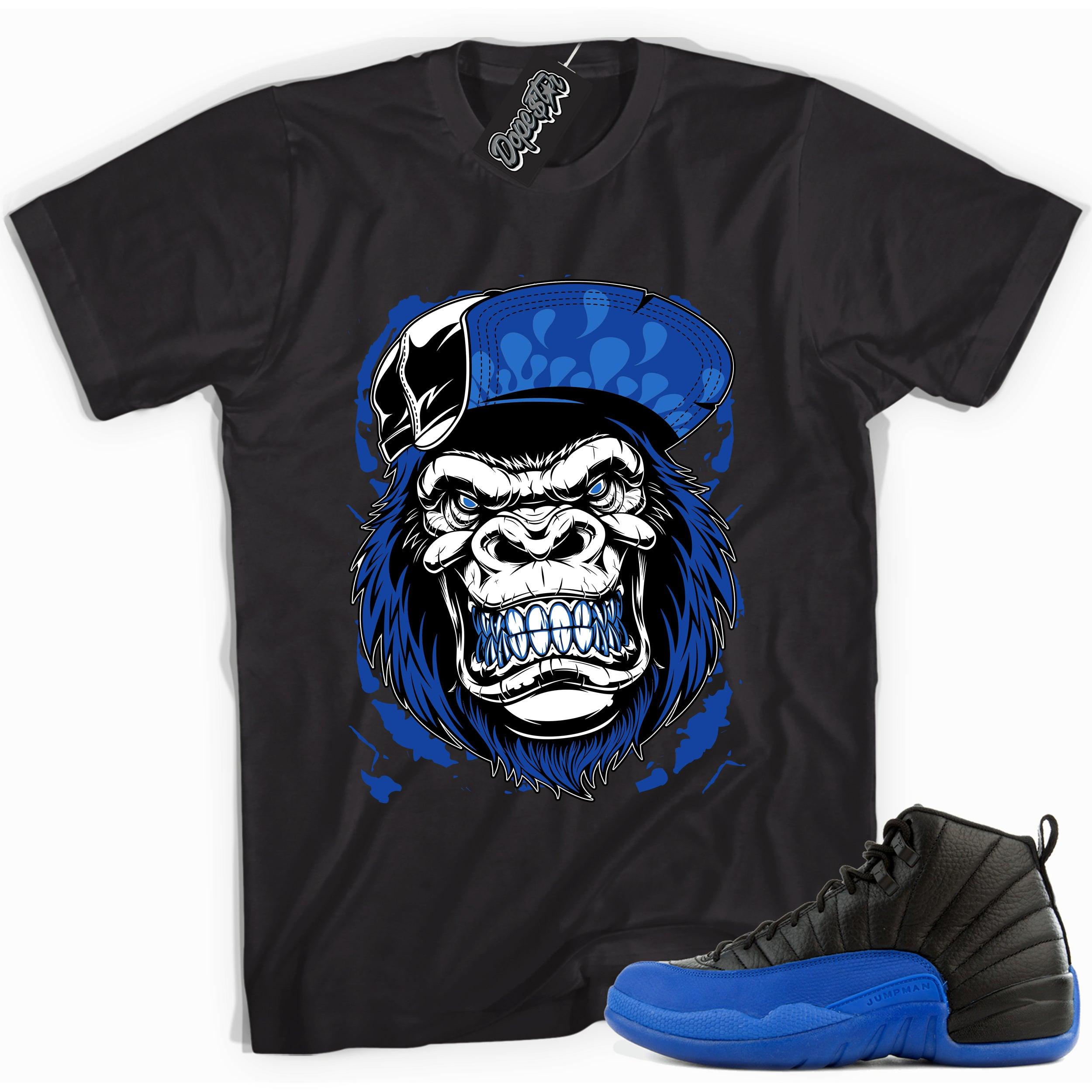 Cool black graphic tee with 'gorilla beast' print, that perfectly matches  Air Jordan 12 Retro Black Game Royal sneakers.