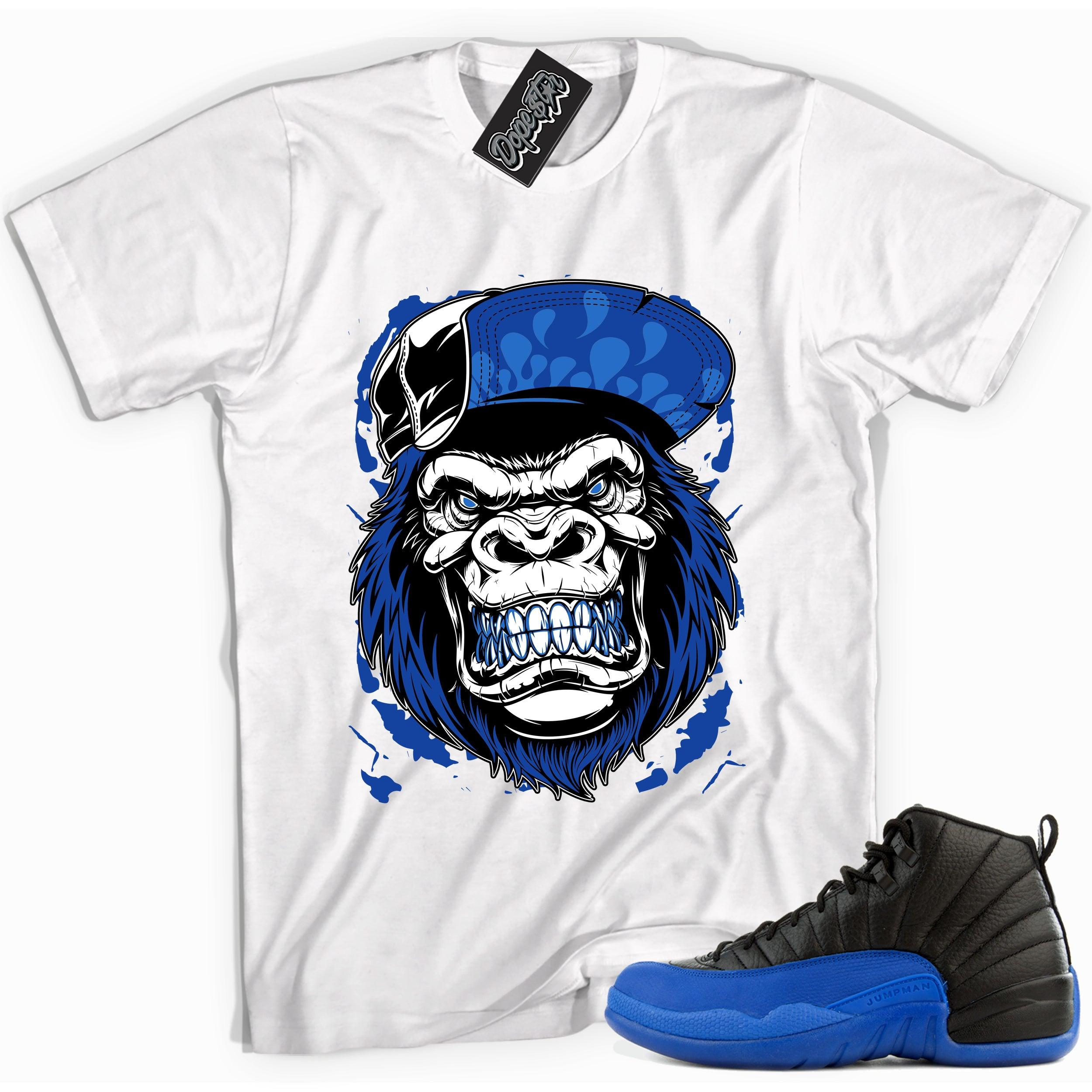 Cool white graphic tee with 'gorilla beast' print, that perfectly matches Air Jordan 12 Retro Black Game Royal sneakers.