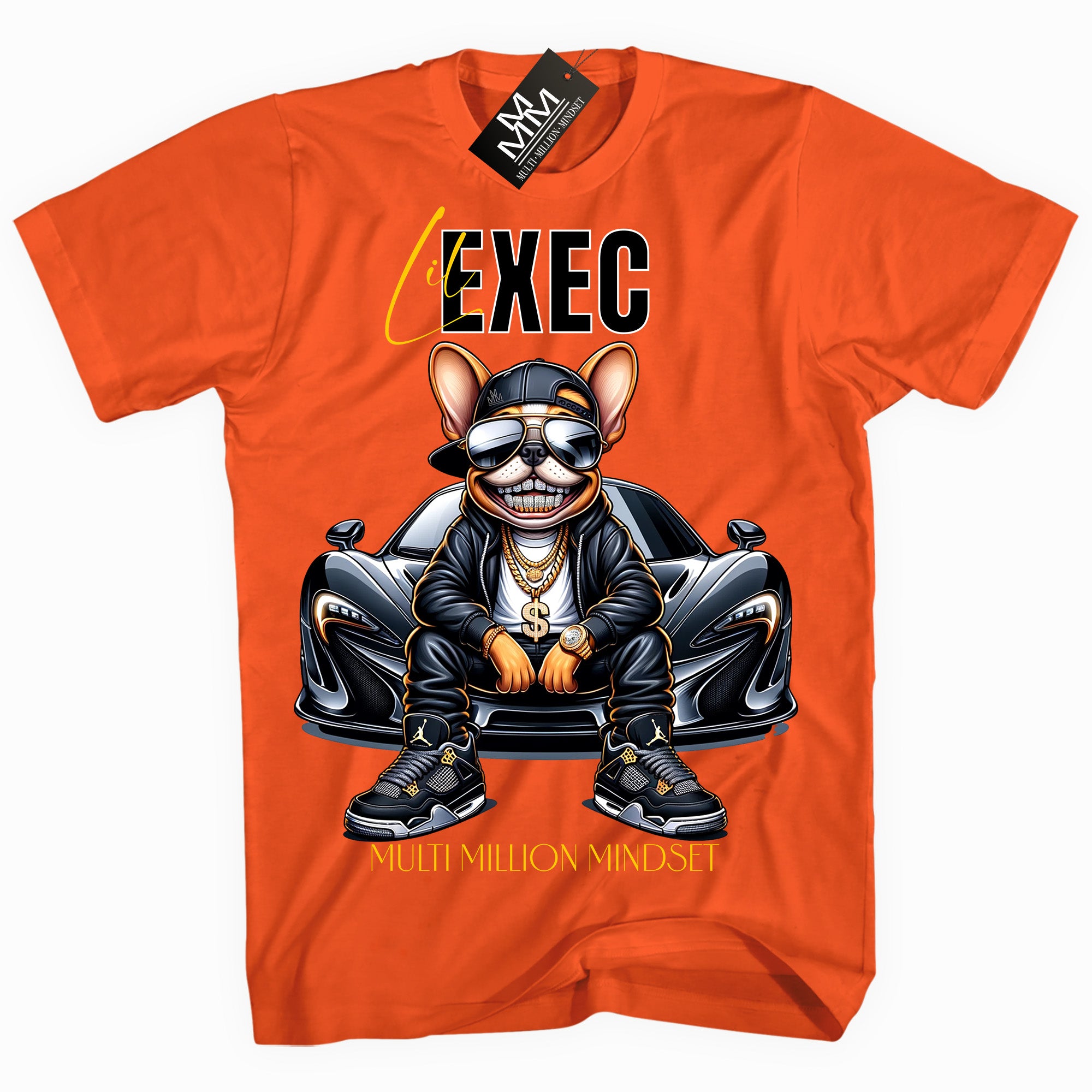 Mind Blowin lil EXEC® Grillin Grind Frenchie Graphic Orange Tee By Multi Million Mindset®