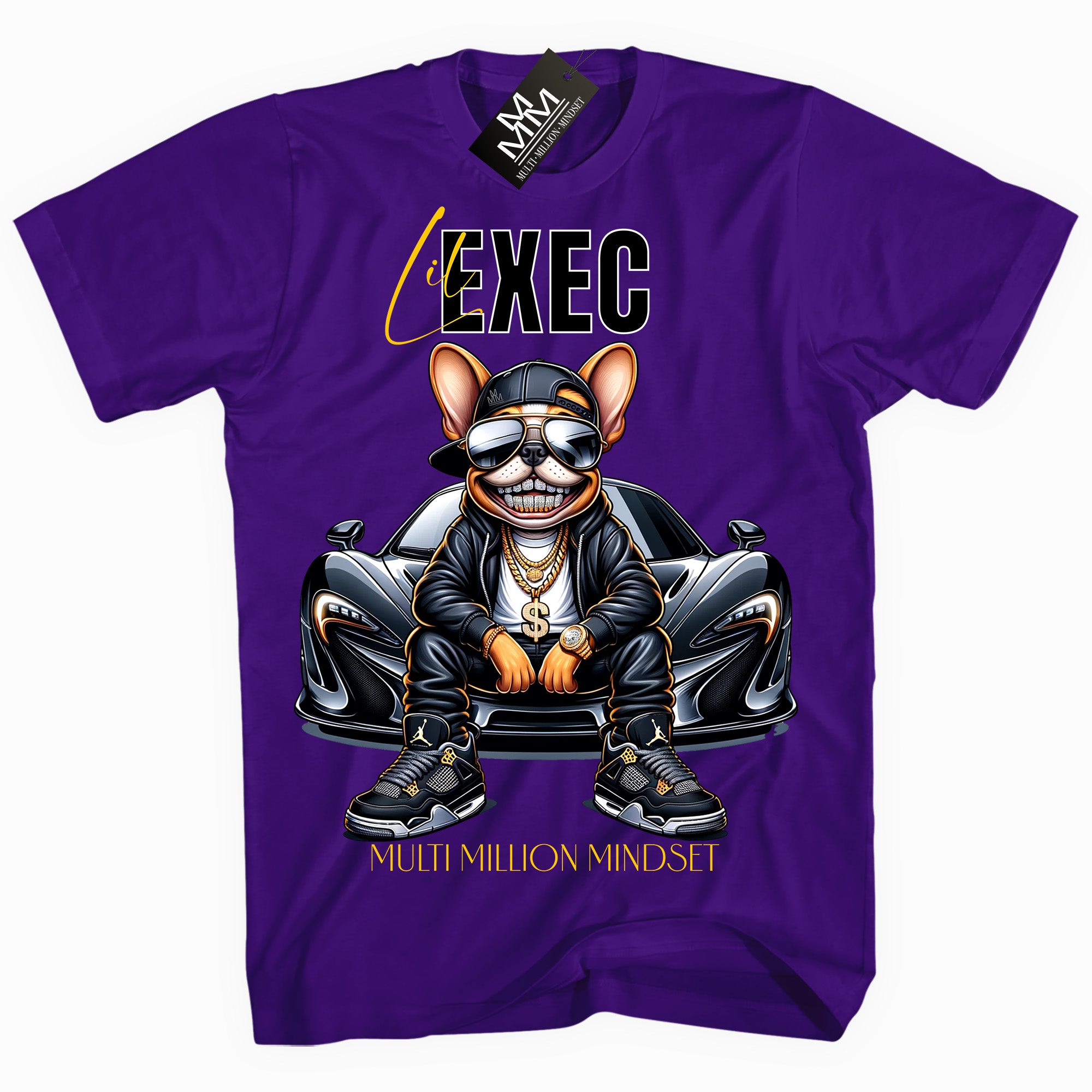 Mind Blowin lil EXEC® Grillin Grind Frenchie Graphic Purple Tee By Multi Million Mindset®