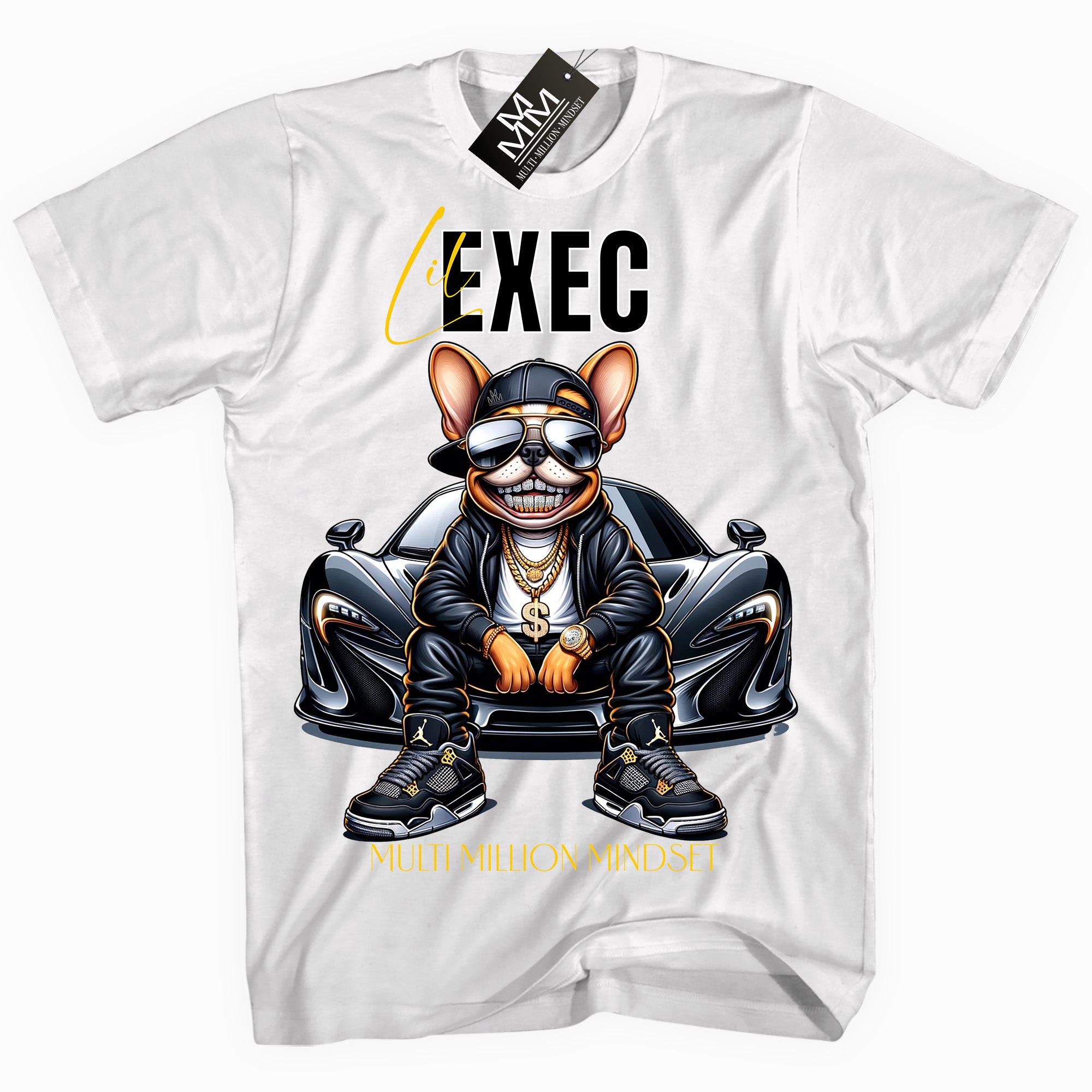 Mind Blowin lil EXEC® Grillin Grind Frenchie Graphic White Tee By Multi Million Mindset®